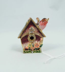 METAL, ENAMEL & RHINESTONE BIRD HOUSE TRINKET BOX