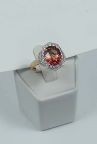LADIES 14K Y. & W. GOLD, ORANGE SAPPHIRE & DIAMOND RING