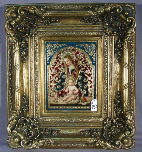 OIL ON BOARD: MADONNA AND CHILD BY ORTIZ: OIL ON BOARD: MADONNA AND CHILD BY ORTIZ Standing Madonna reads a bible while holding a child seated on a pillow. High relief paint. Signed. Ornate gilt frame. Overall 32" x 28 1/2"