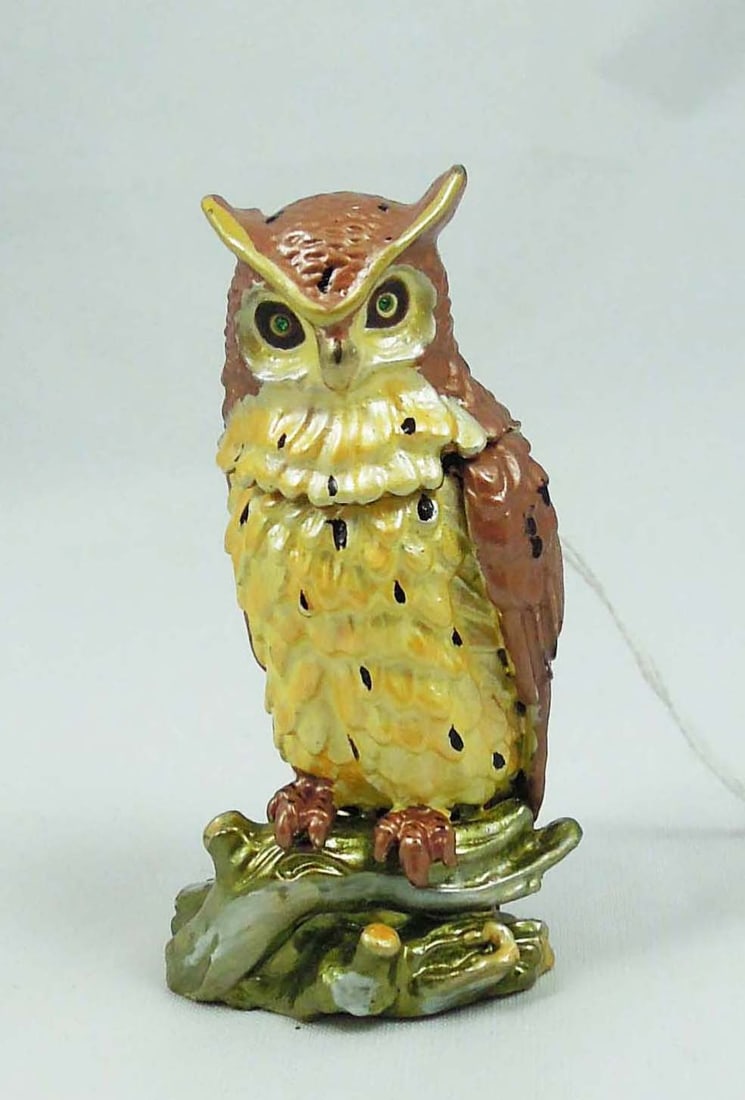 METAL, ENAMEL & RHINESTONE OWL TRINKET BOX: 3 1/4" high.