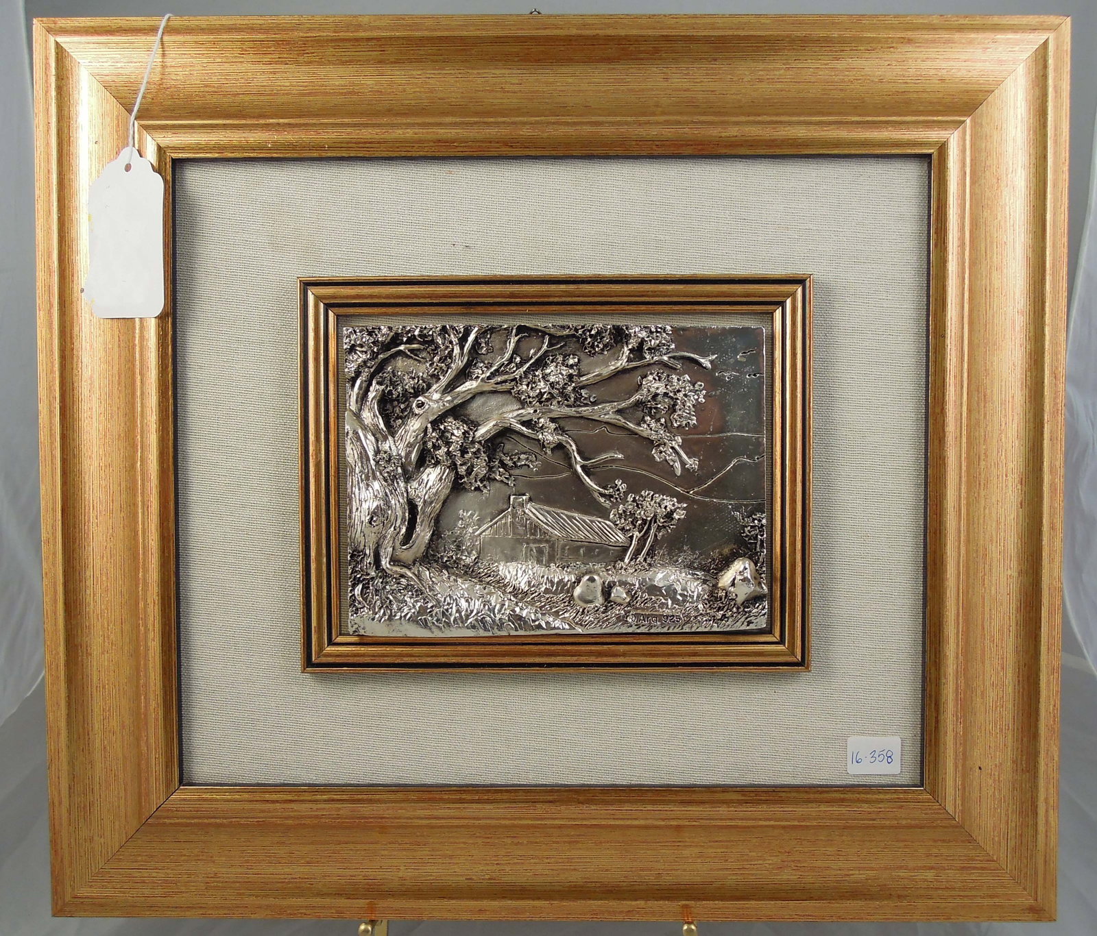 FINE ITALIAN STERLING SILVER OVERLAY WALL HANGING "BARNYARD SCENE": Excellent detail. Signed and marked 925. Overall framed 15" x 17 1/2".