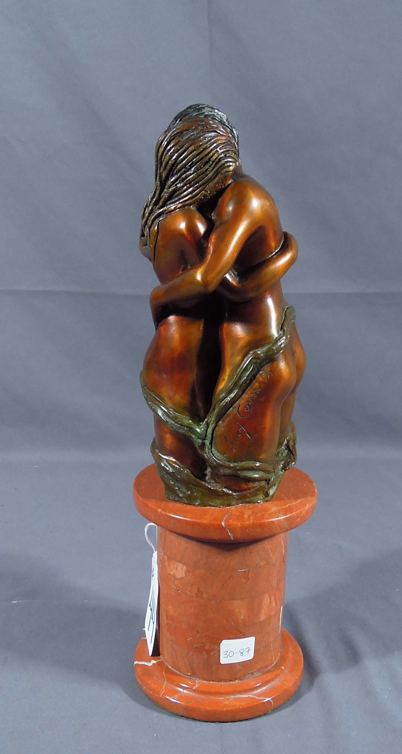 LUCY CORREA SPANISH: Original bronze sculpture "Lover's Embrace". Artist Proof. Marble column base. Signed and numbered P/A. 14 1/2" high, 5" dia.