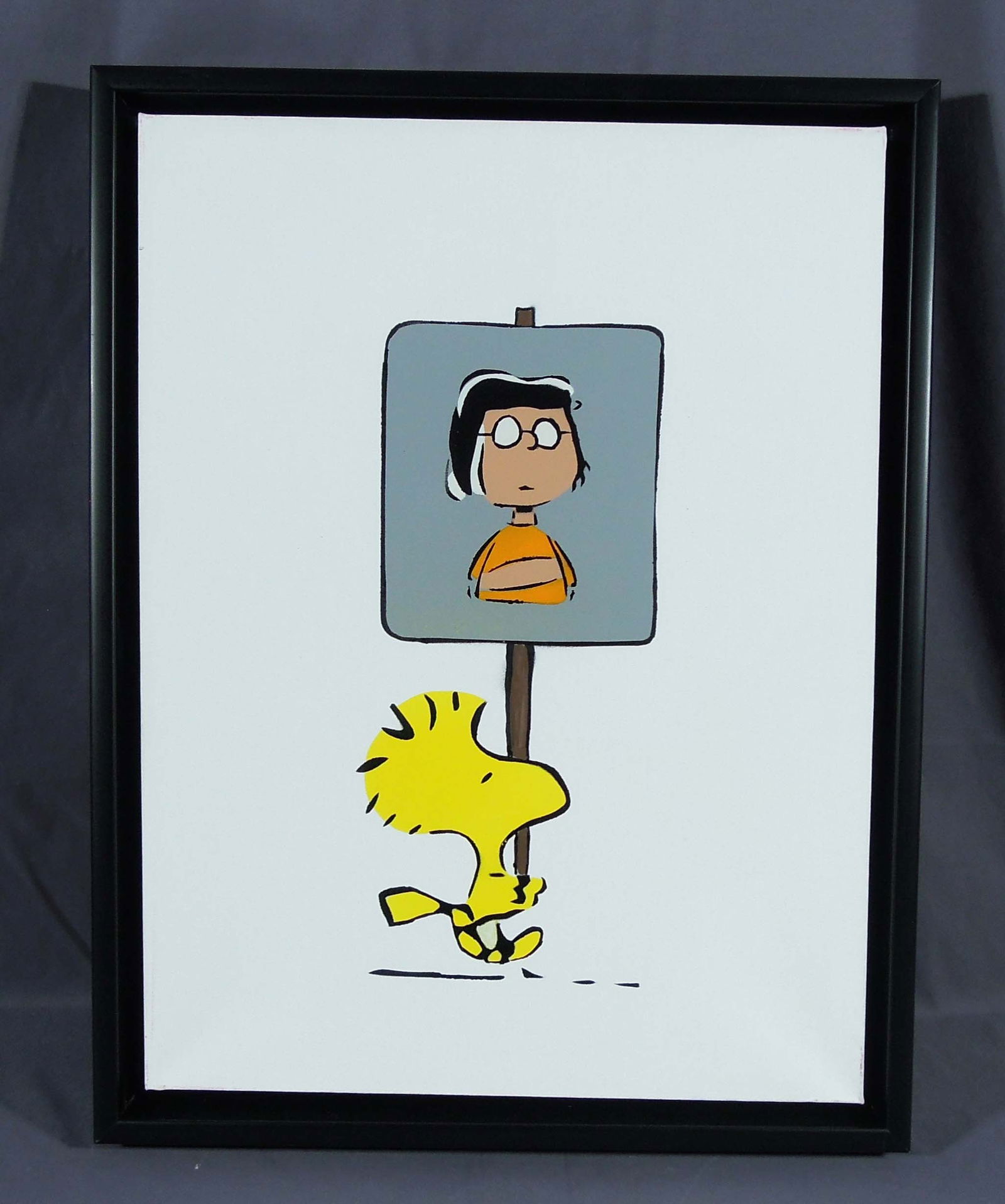 KARL STRIKER (1978- ) BRITISH: Original Acrylic and spray enamel on canvas "Woodstock & Marcie". Stencil signed. Overall framed 26 1/2" x 20 1/2" x 2 1/2".