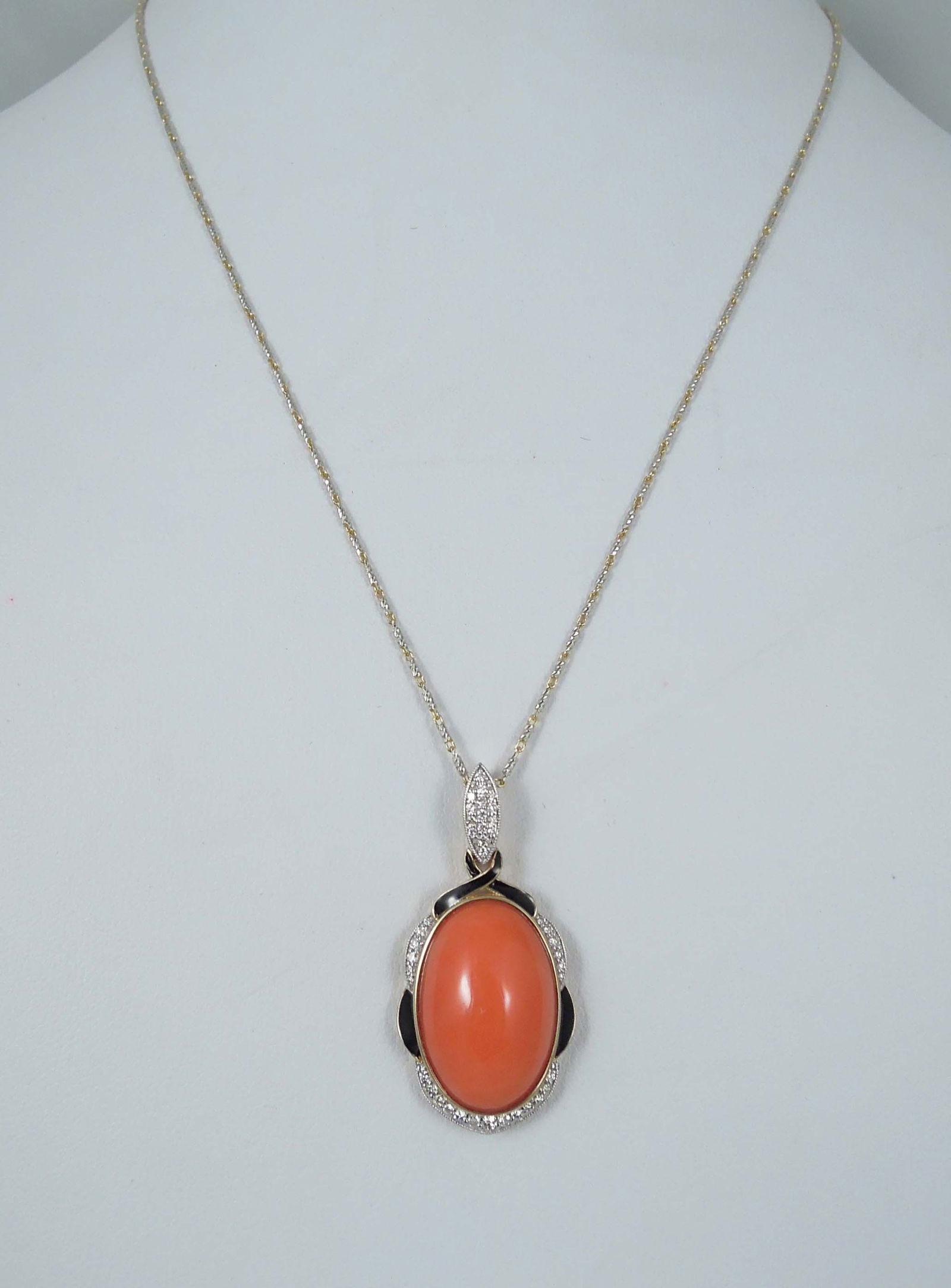 LADIES 14K Y. & W. GOLD, CORAL, ENAMEL & DIAMOND NECKLACE (1 of 1)