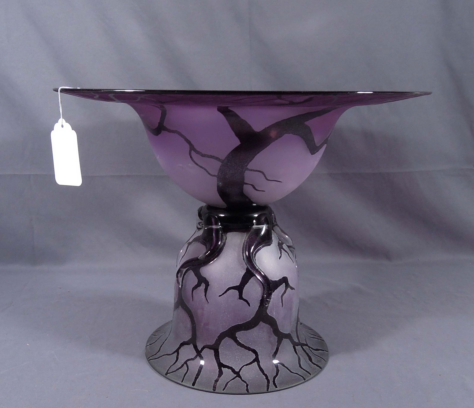 BERNARD KATZ (AMERICAN): Original amethyst cameo glass pedestal bowl. Known as the Chalice Root Vessel from his Renowned Tree & Root Series. Hand signed on base. 13 3/4" high, 18" dia.