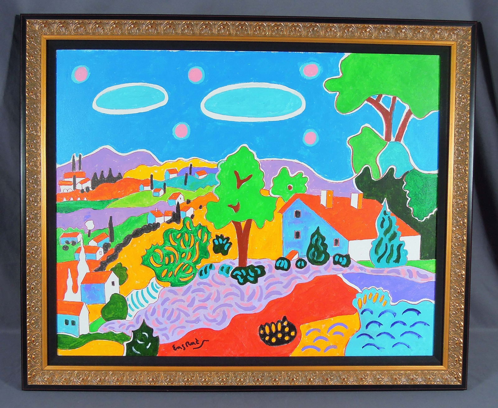 WAYNE ENSRUD (1934- ) AMERICAN: Original Acrylic & tempera painting on canvas "Autumn Landscape in Provence, France". Signed lower left. Overall framed 29" x 35" x 1 1/4".