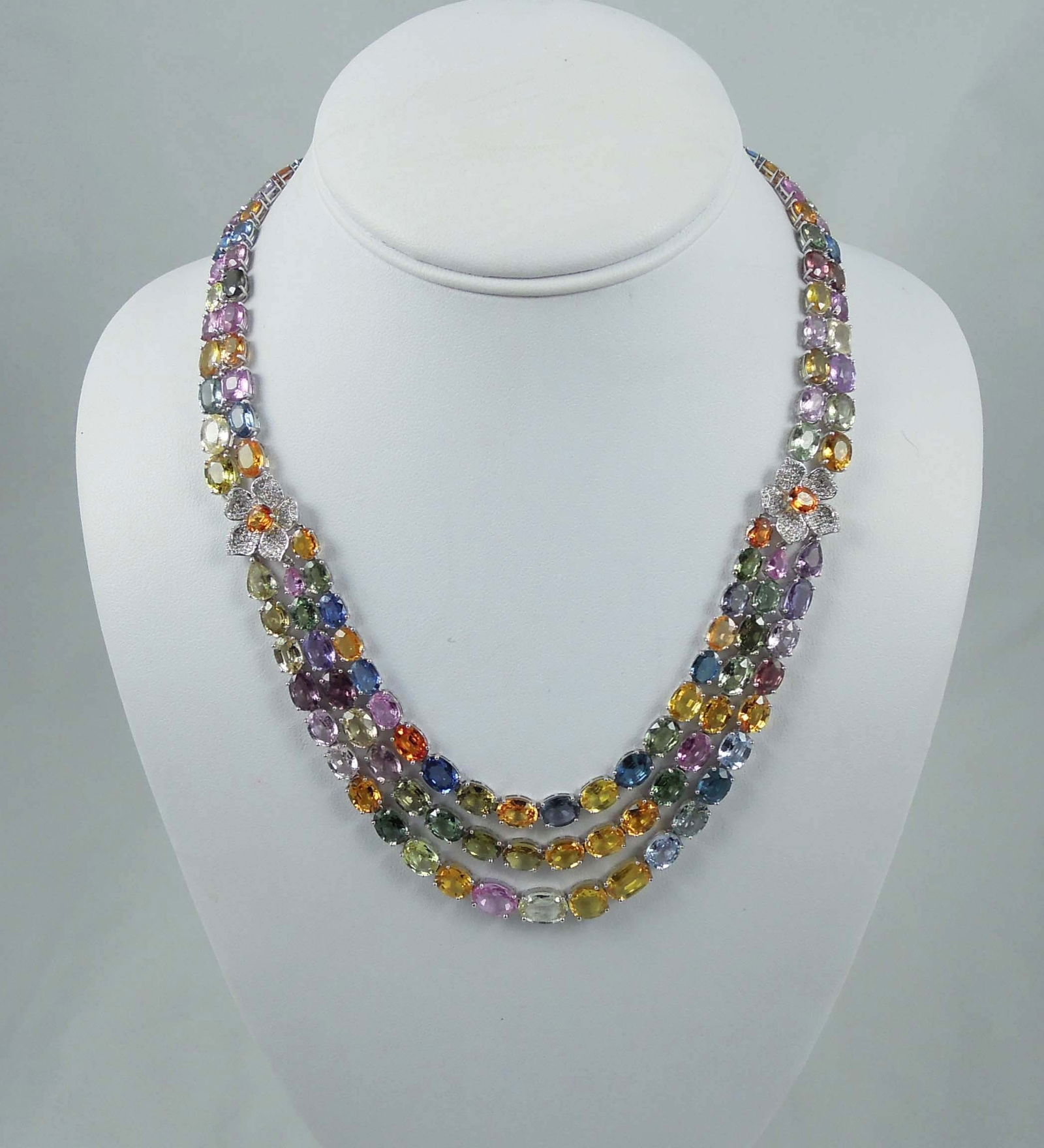 LADIES OUTSTANDING 14K W.G., MULTI COLORED SAPPHIRE & DIAMOND NECKLACE (1 of 2)