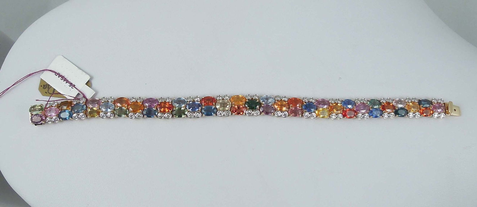 LADIES VERY FINE 14K Y.G., NATURAL MULTI COLORED SAPPHIRE & DIAMOND BRACELET (1 of 1)