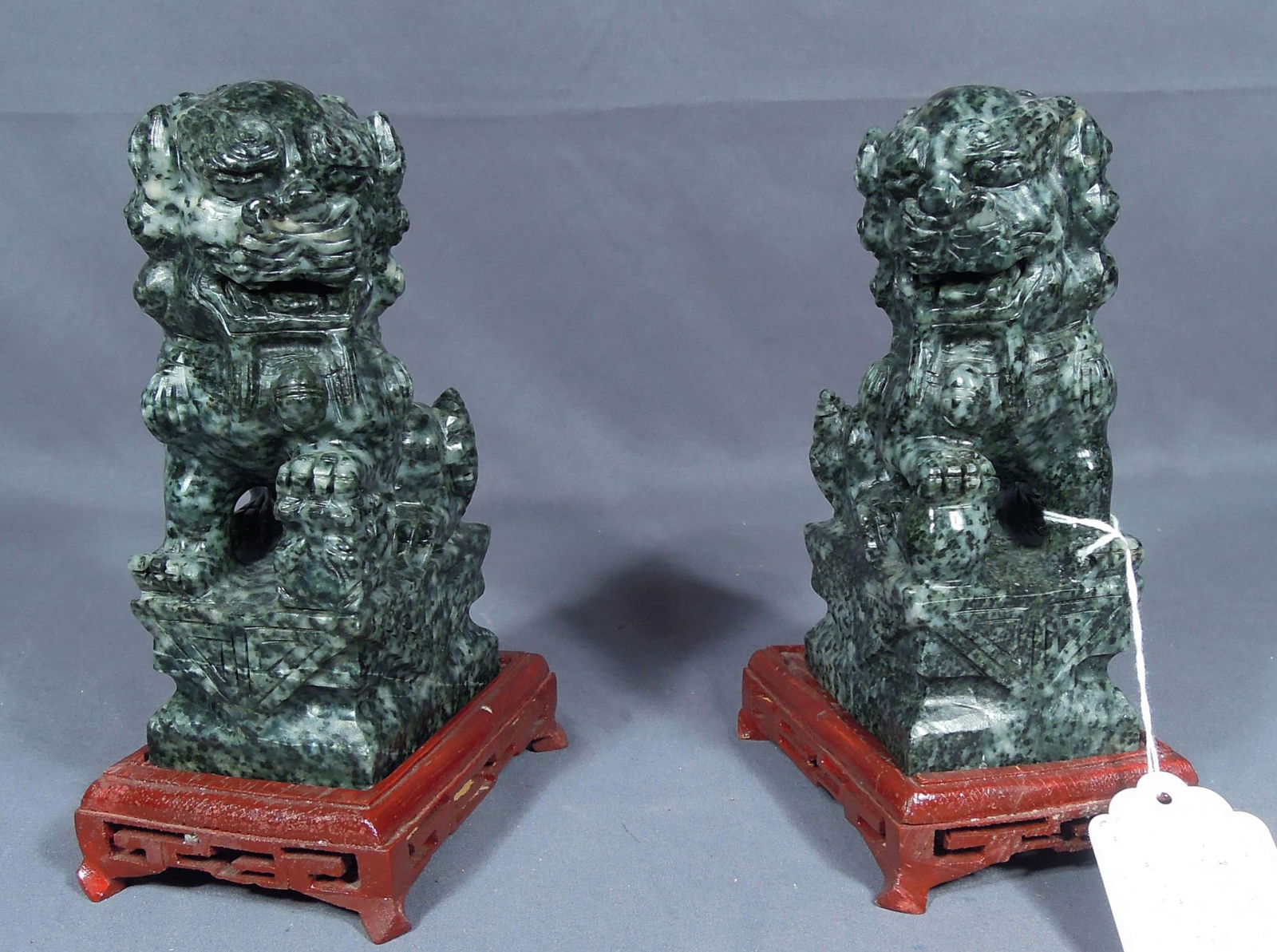 PAIR HAND CARVED CHINESE SOAPSTONE FOO DOGS ON ROSEWOOD STANDS (1 of 1)