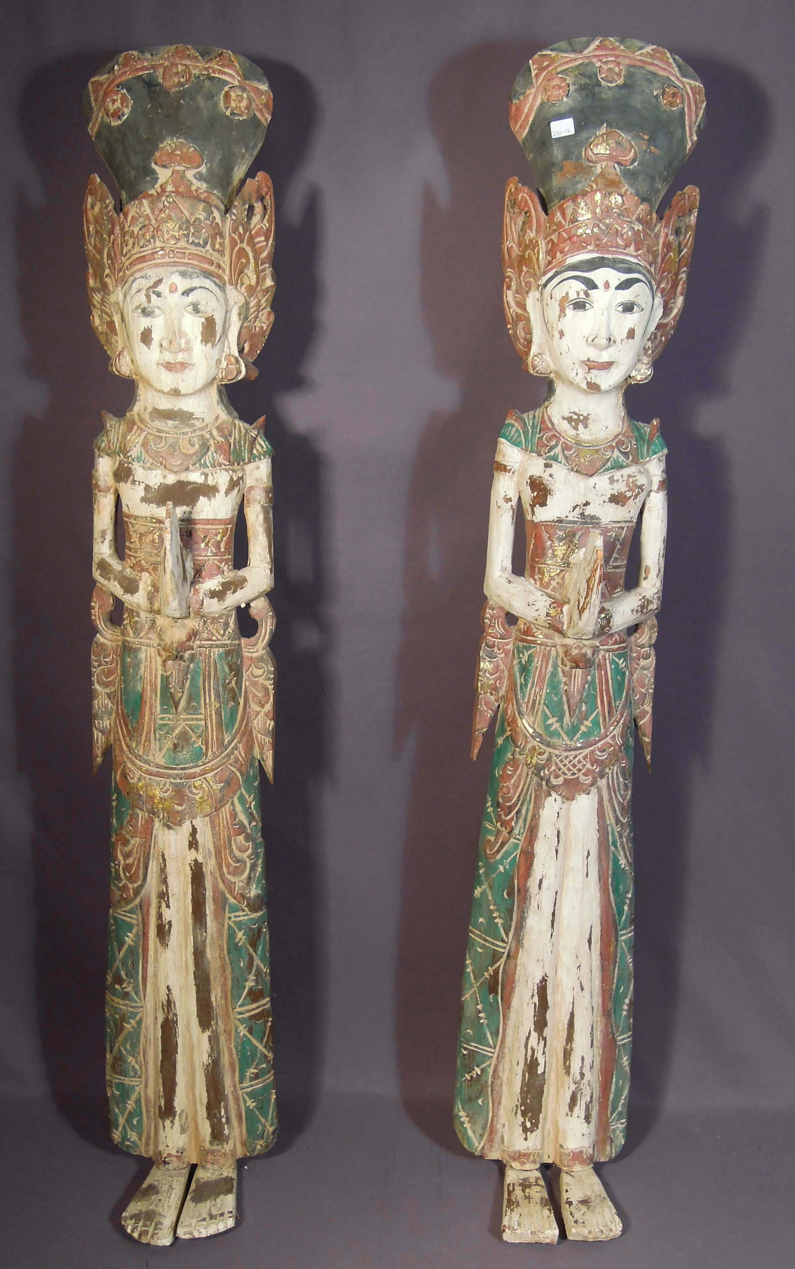 SET OF TWO VINTAGE CARVED WOOD & PAINTED BUDDHIST ANGEL DIETY SCULPTURES (1 of 1)