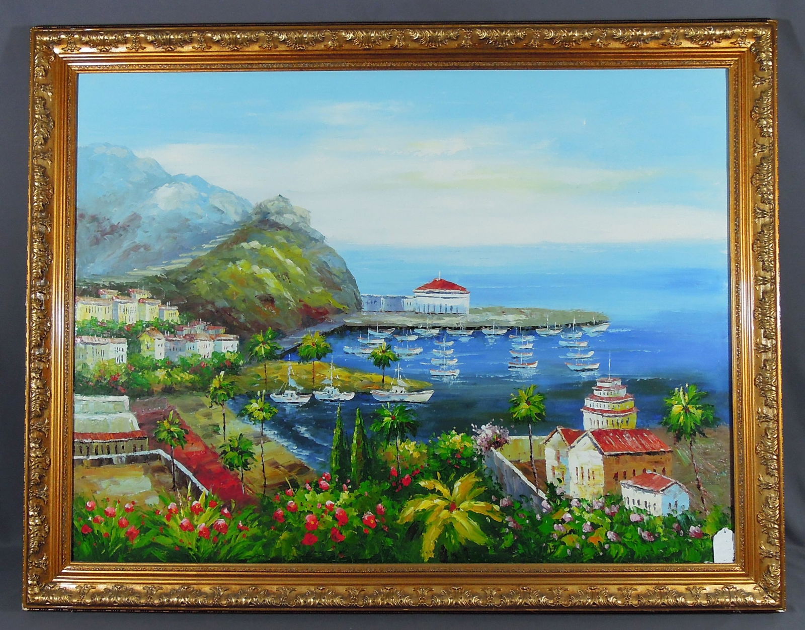 LARGE ORIGINAL OIL ON CANVAS: HARBOR SCENE: Paint in high relief. Overall framed 43" x 54 1/2".