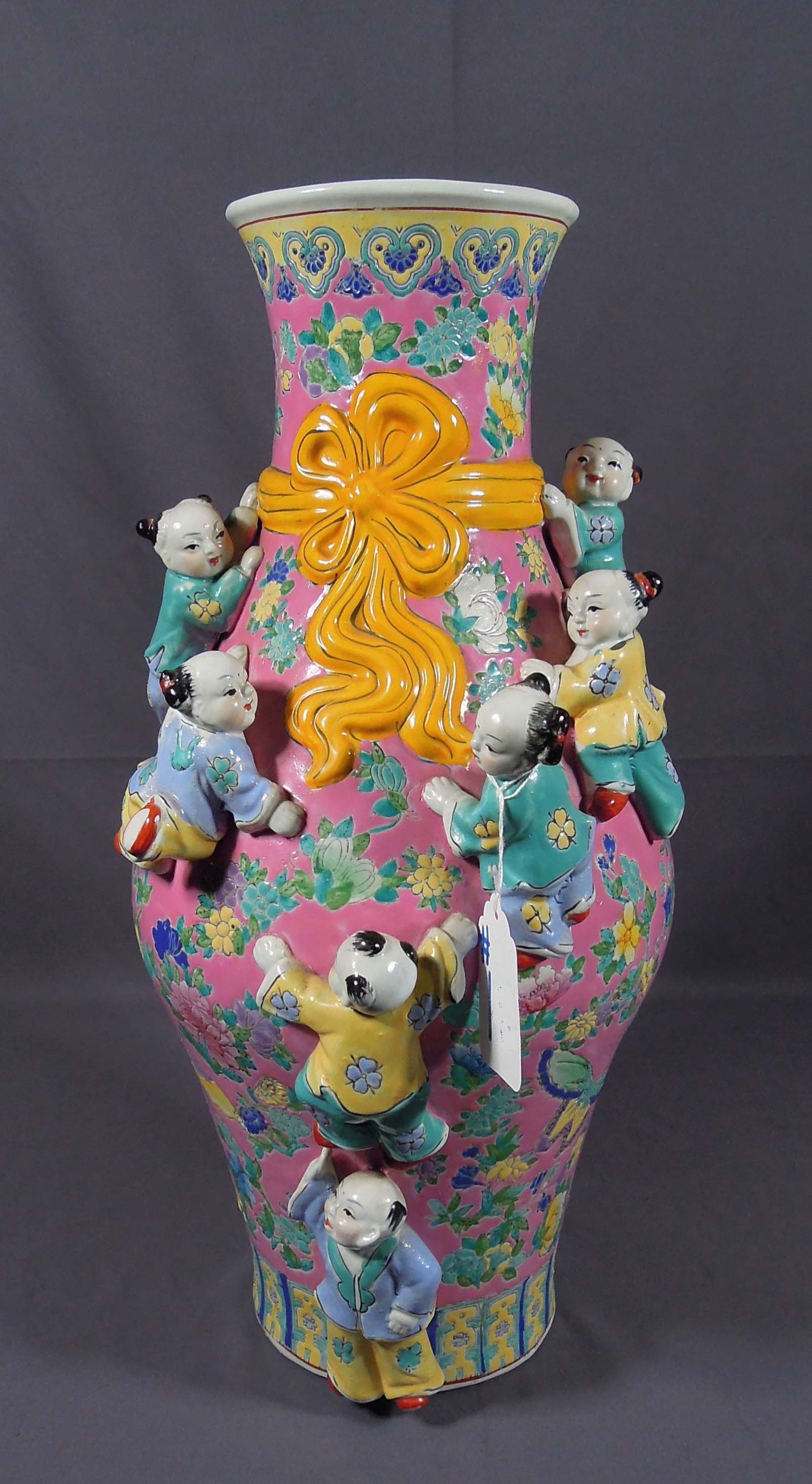 LARGE VINTAGE CHINESE PORCELAIN FERTILITY VASE: Seven applied figures. Excellent condition. Red stamp on base. 20" high, 10" dia.