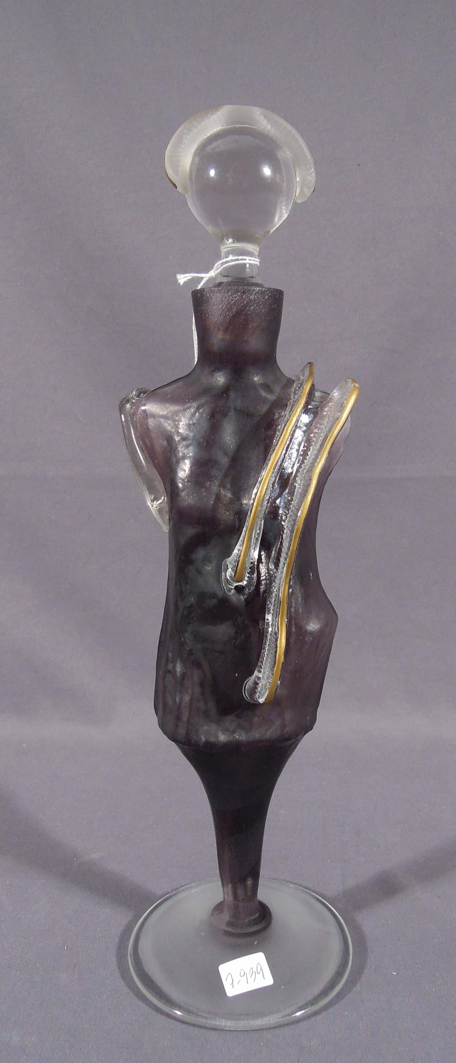 FINE LARGE HAND BLOWN ART GLASS FIGURAL DECANTER/PERFUME BOTTLE: Excellent condition. Possibly Ian. 16" high.