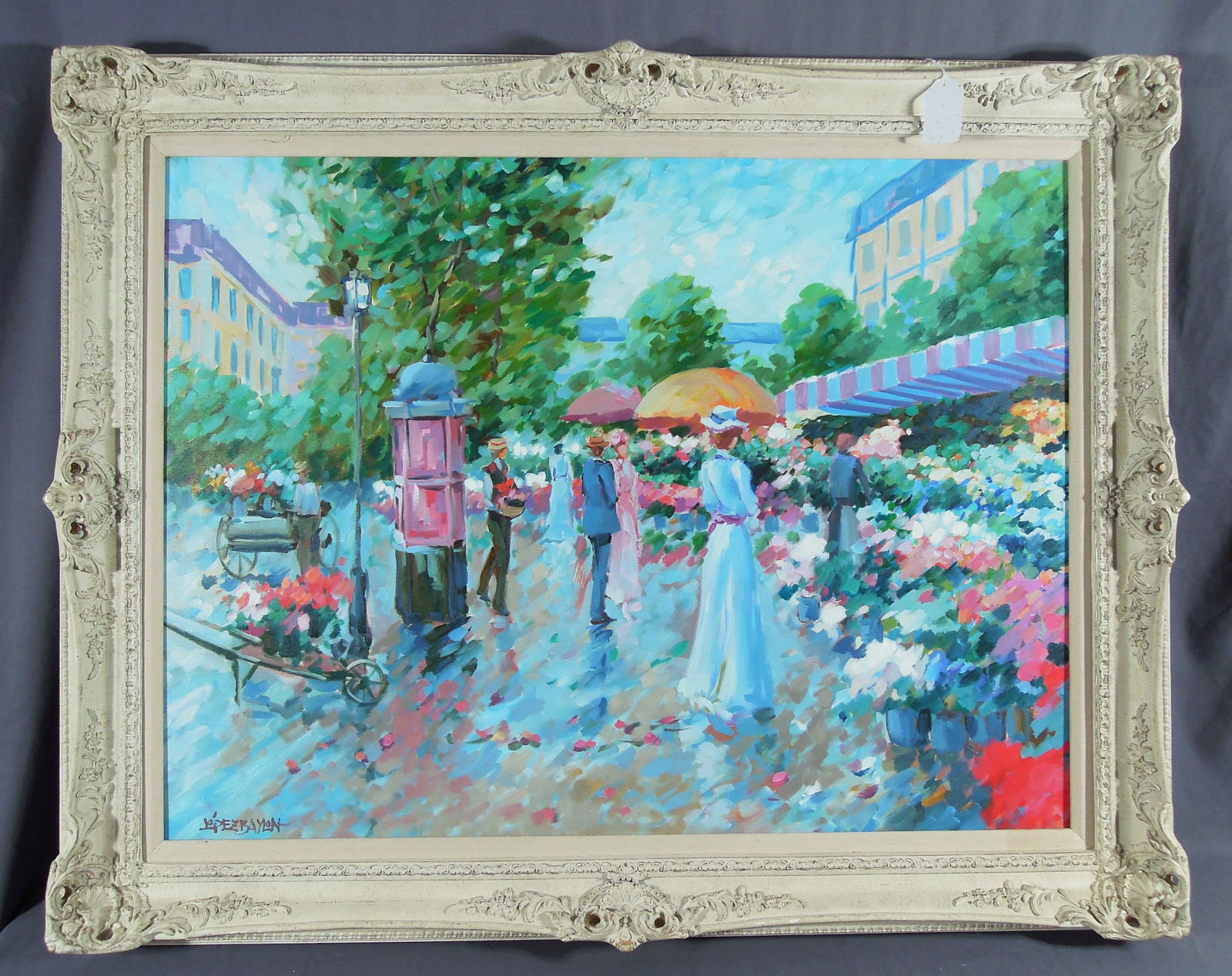 ORIGINAL OIL ON CANVAS "FLORAL STREET SCENE": Hand signed lower left. Excellent detail. Ornate frame. Overall 38 1/2" x 48 1/2" x 3".
