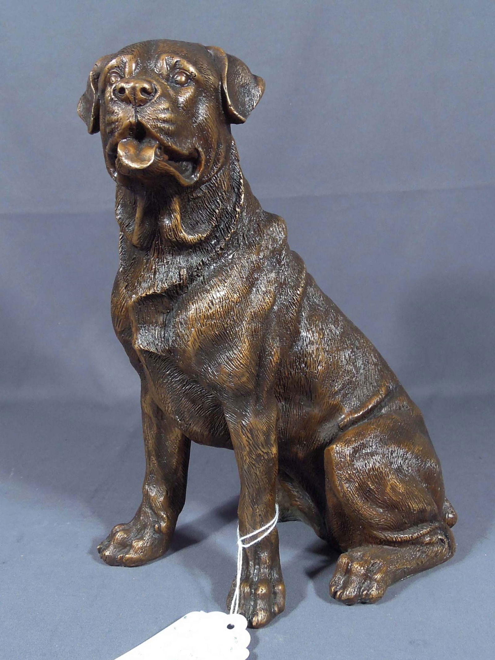 VERY FINE BRONZE SCULPTURE OF SEATED DOG: Excellent detail. Brown patina. 11" high, 6" wide, 10" deep.
