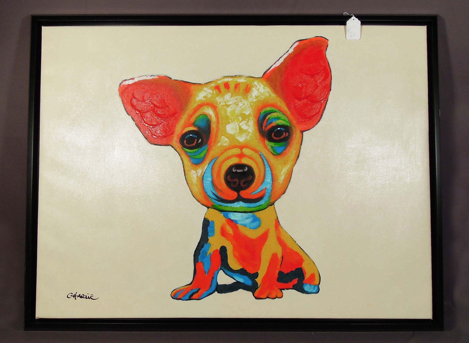 LARGE ORIGINAL OIL ON CANVAS OF COLORFUL CHIHUAHUA: Vibrant colors. Paint in high relief. Signed. Black frame. Overall 41" x 52".