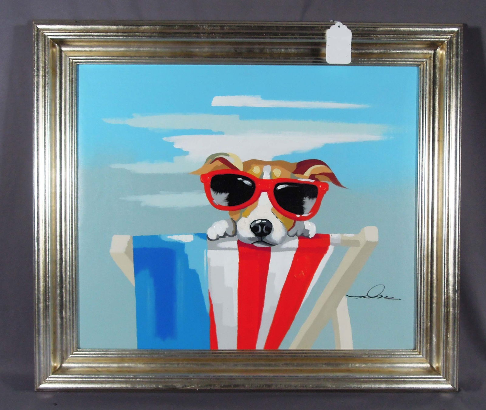 HUMOROUS ORIGINAL POP ART OIL ON CANVAS OF DOG: Dog is seated in beach chair and wears large red sunglasses. Signed. Overall framed 26" x 30".