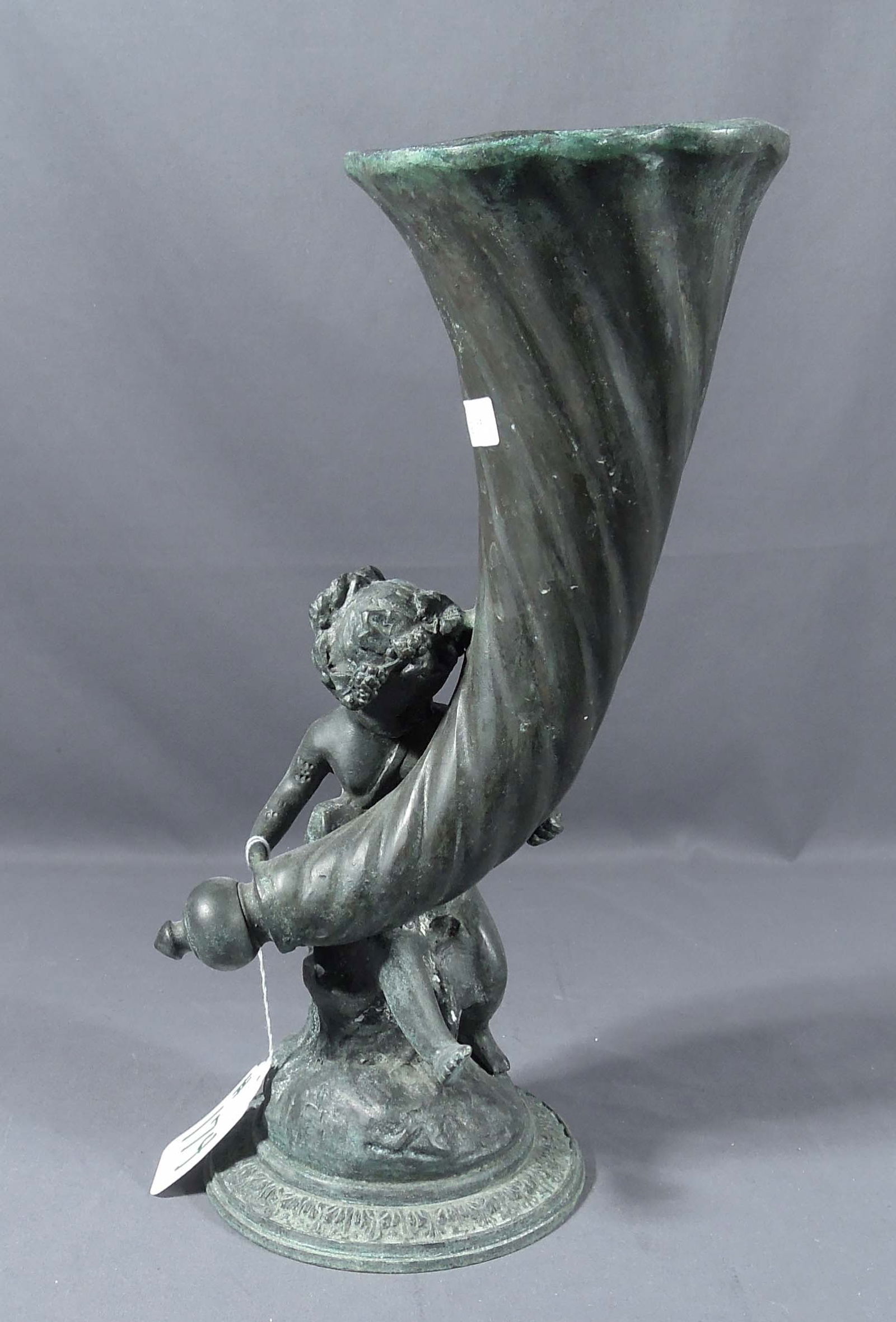 HEAVY VINTAGE BRONZE SCULPTURE OF YOUNG BOY HOLDING "HORN OF PLENTY" (1 of 1)