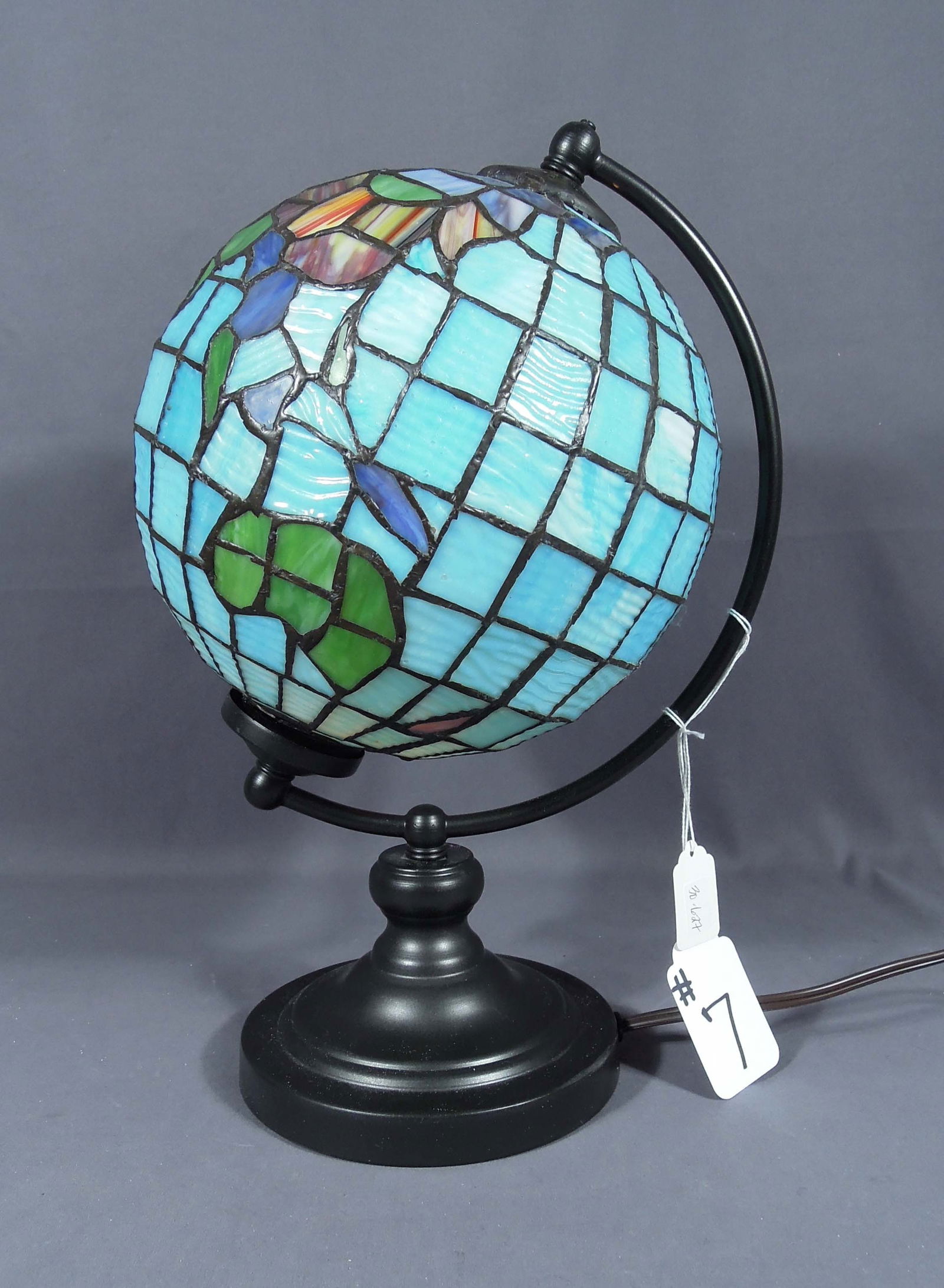 METAL & LEADED GLASS "GLOBE" LANP: Very good condition. 15" high, 10" dia.