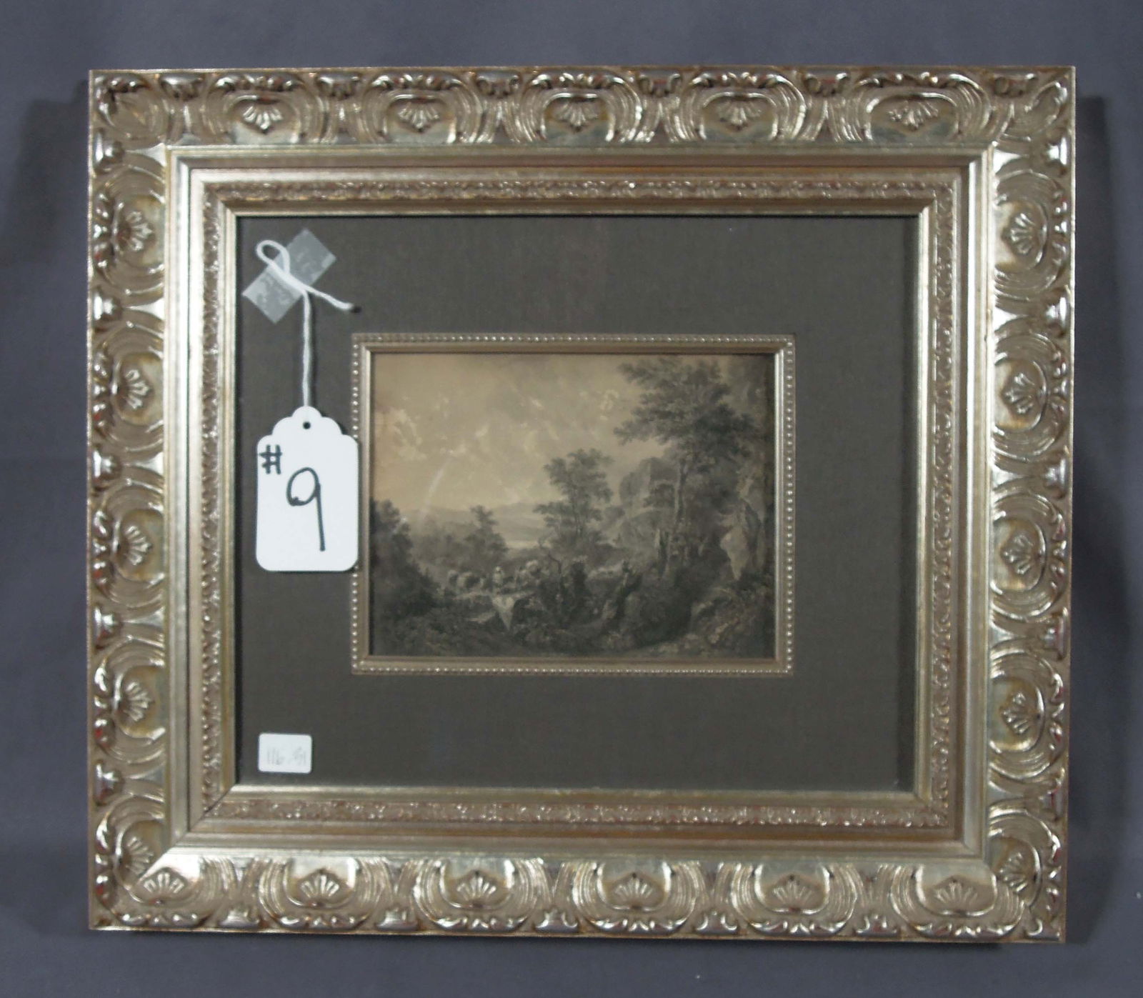 FINE ANTIQUE ETCHING OF TRAVELERS ON PATHWAY: Very good condition. Purchased at Chapman House of Anitiques. Original sticker on verso. Circa 1870. Overall framed 14 1/2" x 16 1/2" x 1 1/2".