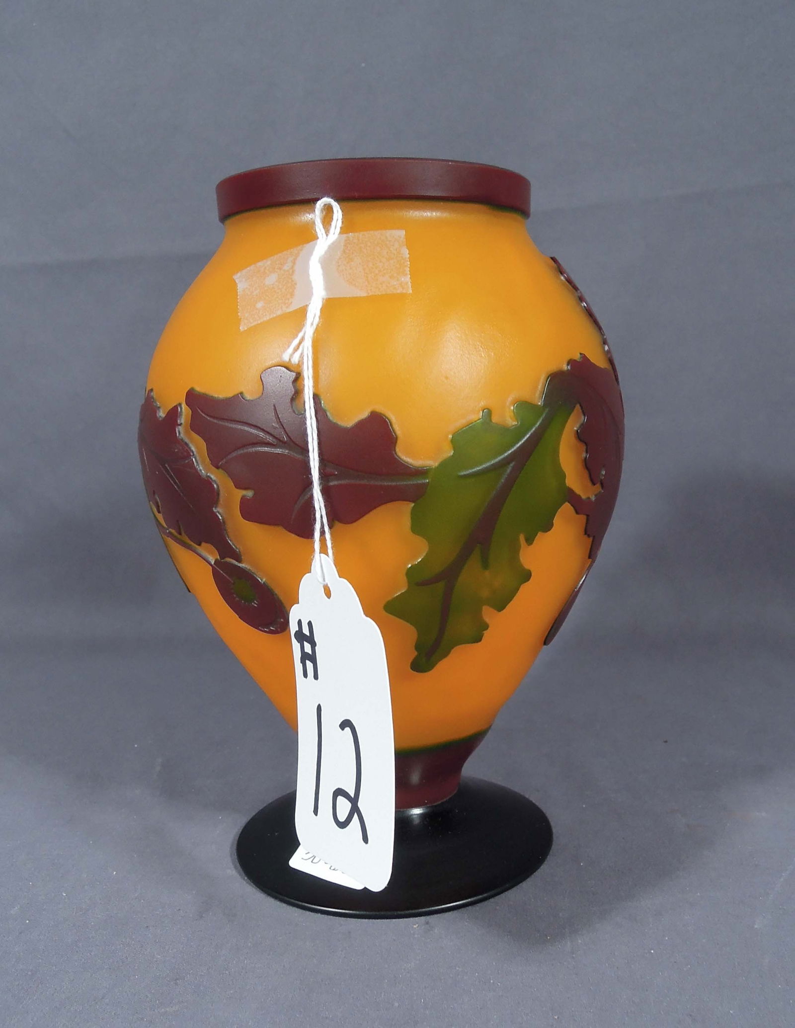 HEAVY ACID ETCHED GALLE STYLE VASE: Vase with leaf motif in high relief. 7 1/2" high, 5" dia.