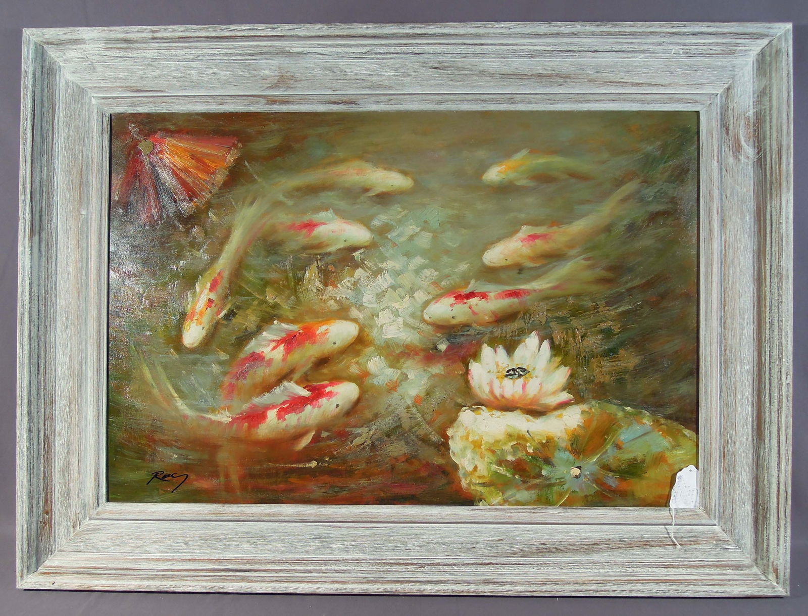 ORIGINAL OIL ON CANVAS: KOI FISH IN POND: Fine detail. Signed. Image 24" x 36", Overall framed 33 1/2" x 45 1/2".