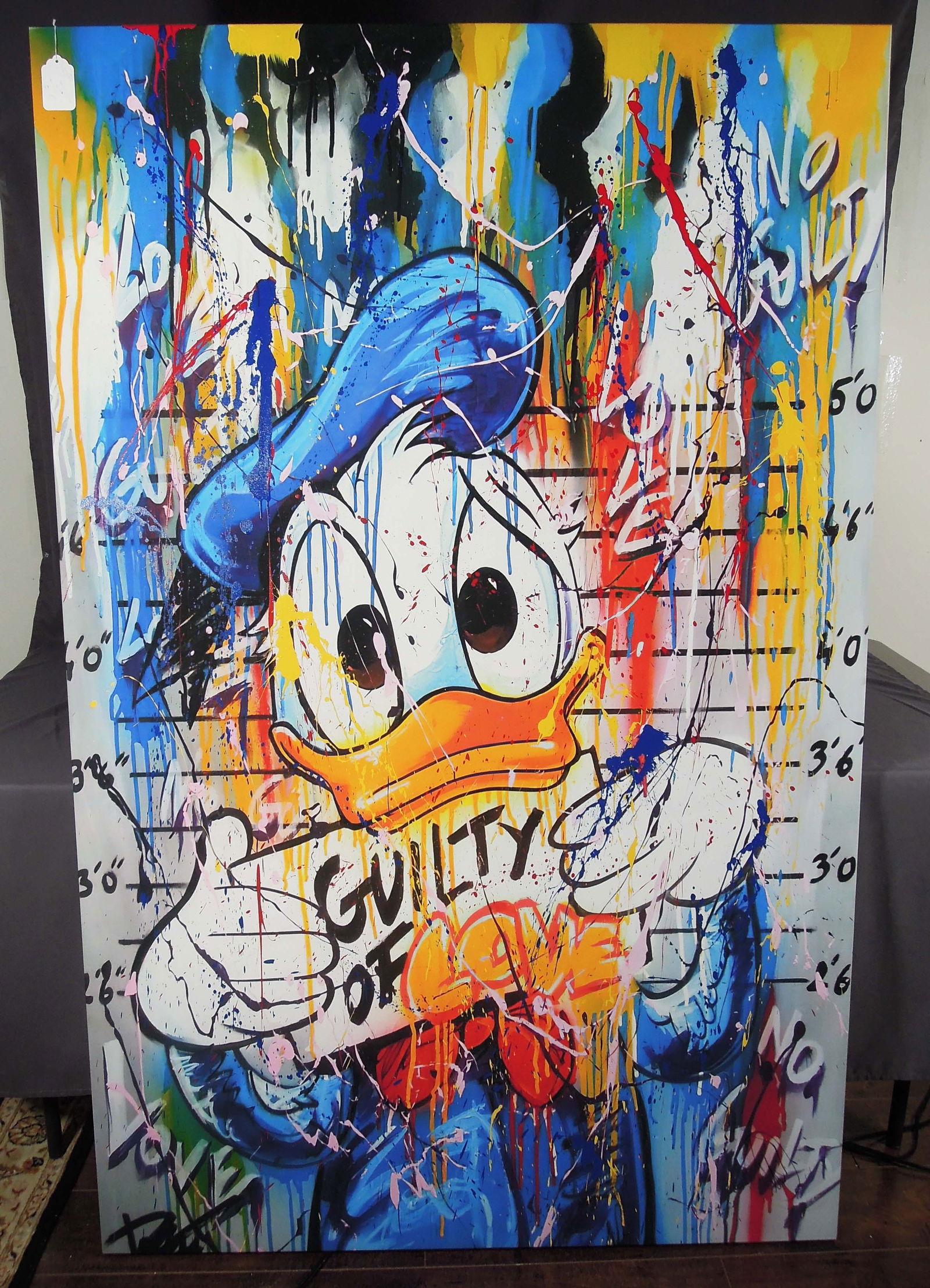 VERY LARGE ORIGINAL POP ART SCREENPRINT WITH OIL "DONALD DUCK": Titled "Guily of Love". Initialed lower right. 70" high, 45" wide.