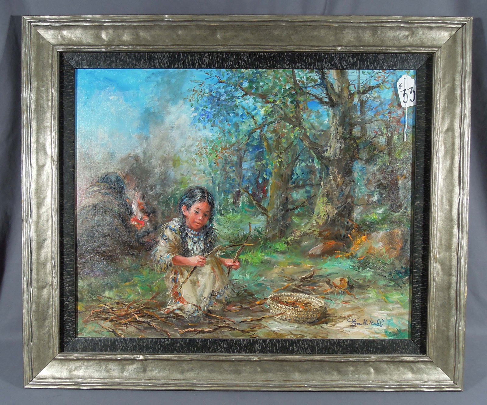 EVA HOLUSA MAKK (1933- ) HUNGARIAN/AMERICAN: Original Oil on Canvas "Kindling". A young Native American girl gathering wood. Hand signed, lower right. Titled on back with Makk Studio stamp. Overall framed 37 1/2" x 31 1/2" x 2".
