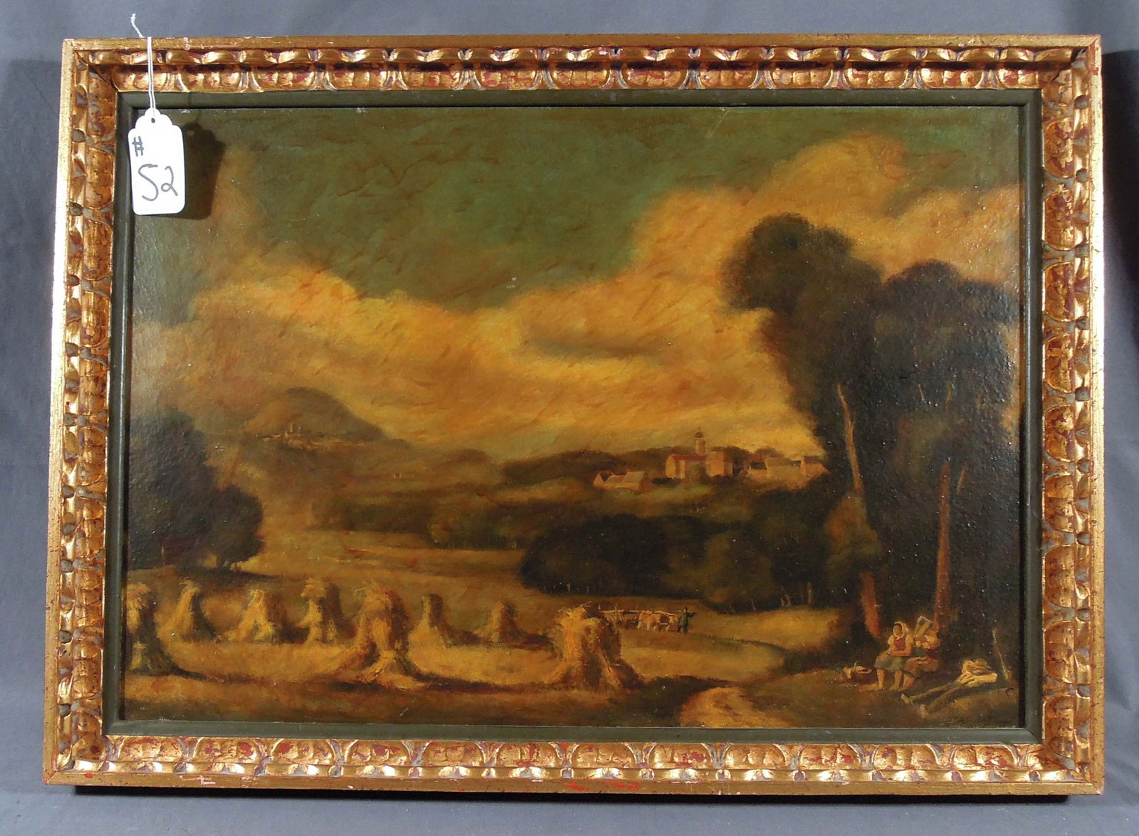 ALBRECHT BRAUN (1905-1983) GERMAN: Original Oil on board of haystacks in landscape. Heavily varnished. Original frame. Hand signed and dated 1947. Overall 20" x 27" x 2".