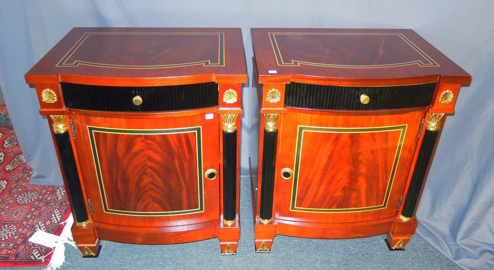 PAIR FINE ITALIAN VERSACE STYLE SIDE TABLES/NIGHT STANDS: Each with with a single drawer and door which opens to reveal a single shelf. 30" high, 24 1/2" wide, 17 1/2" deep.