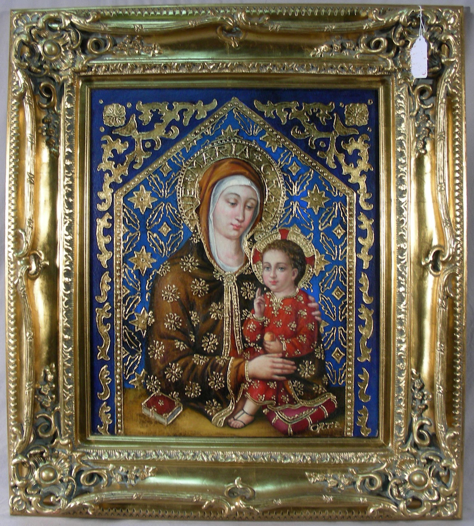 ORIGINAL OIL ON CANVAS "MADONNA & CHILD" BY ORTIZ: Paint in high relif. Signed. Very fine detail. Ornate frame. Image 24" x 20", Overall 35 1/2" x 31 1/2"