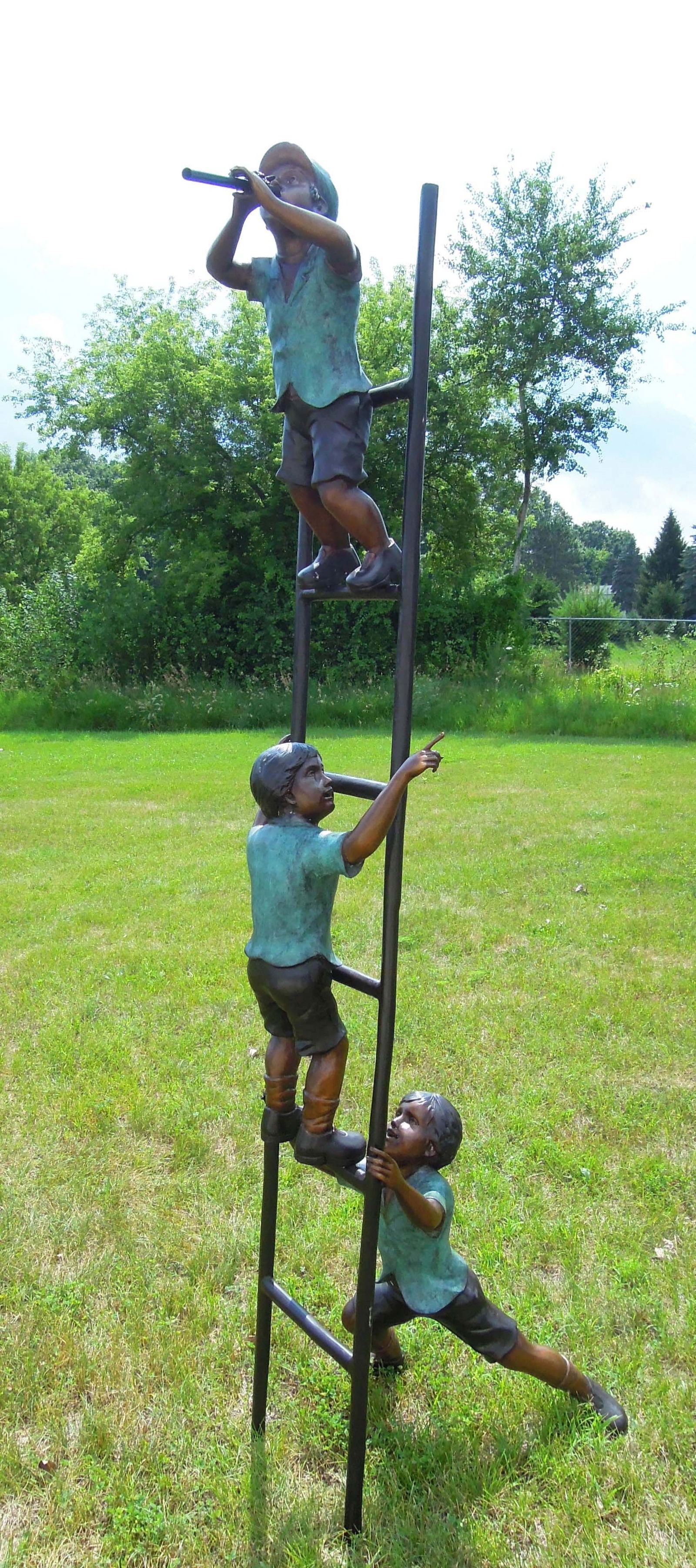 OUTSTANDING LARGE BRONZE SCULPTURE OF THREE CHILDREN CLIMBING LADDER: Three color patina. Very fine detail. Very sturdy. 93" high, 16" wide, 26" deep.