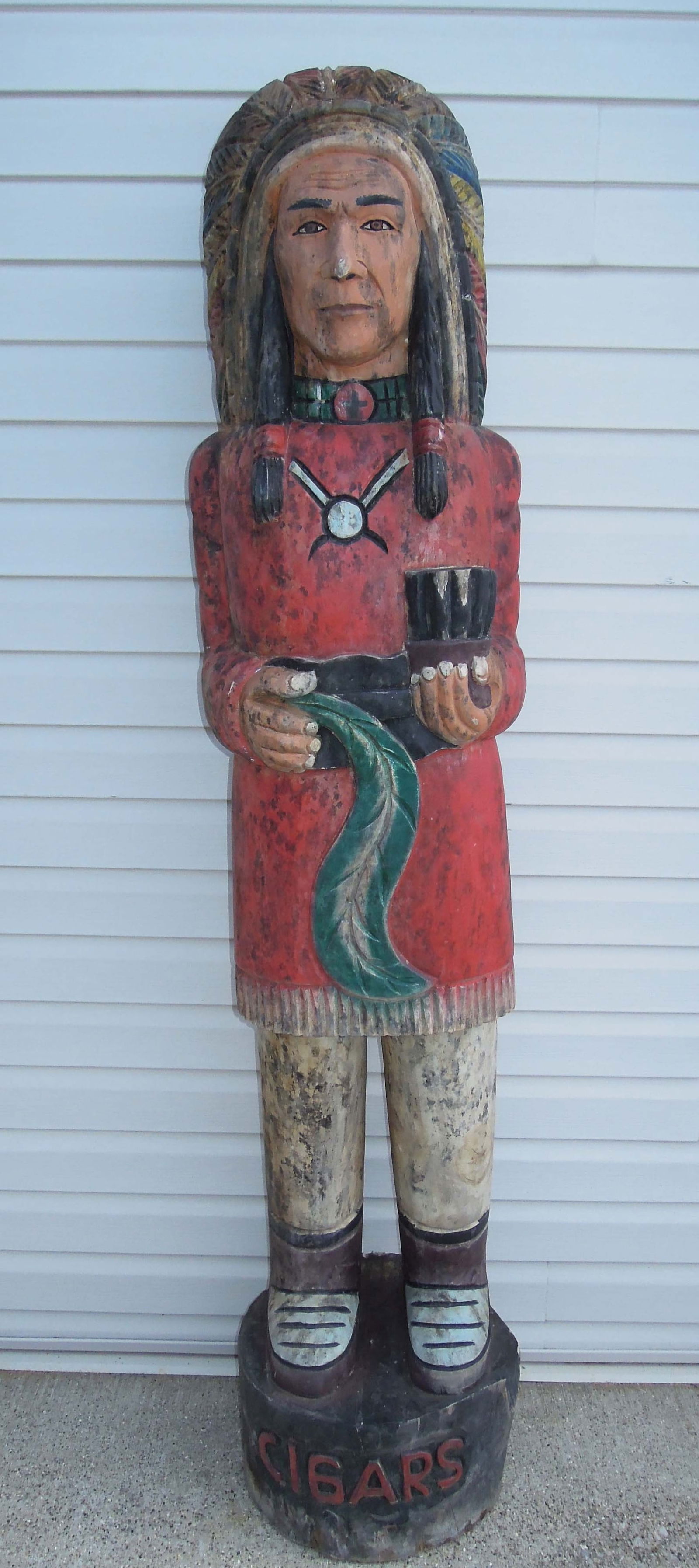 FABULOUS VINTAGE HAND CARVED & PAINTED SOLID WOOD CIGAR STORE INDIAN: "Cigars" carved on base. Well preserved considering its age. 78" high, 16 1/2" wide, 12" deep.