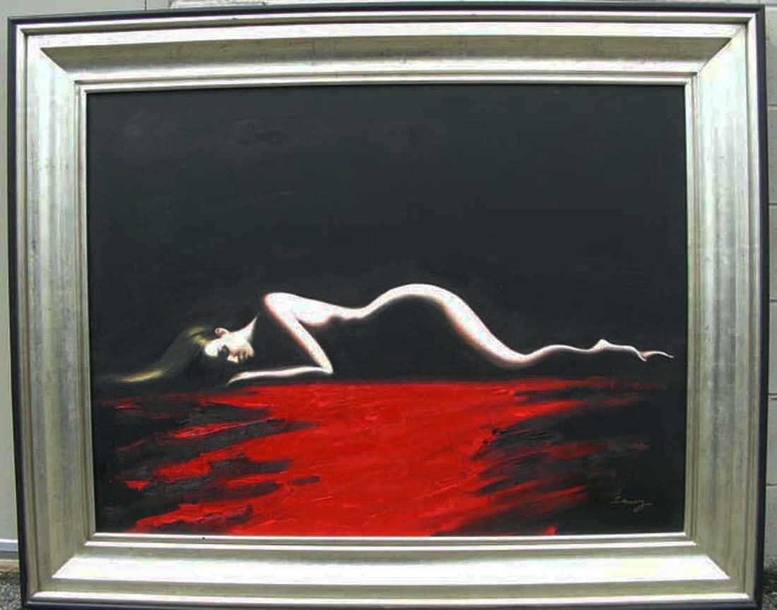 LARGE SENSUAL OIL ON CANVAS OF RECLINING NUDE: Outline of a beautiful nude woman lying on a red carpet with black background. Black and silver frame. Signed. Overall 48" x 60" X 2 1/2".