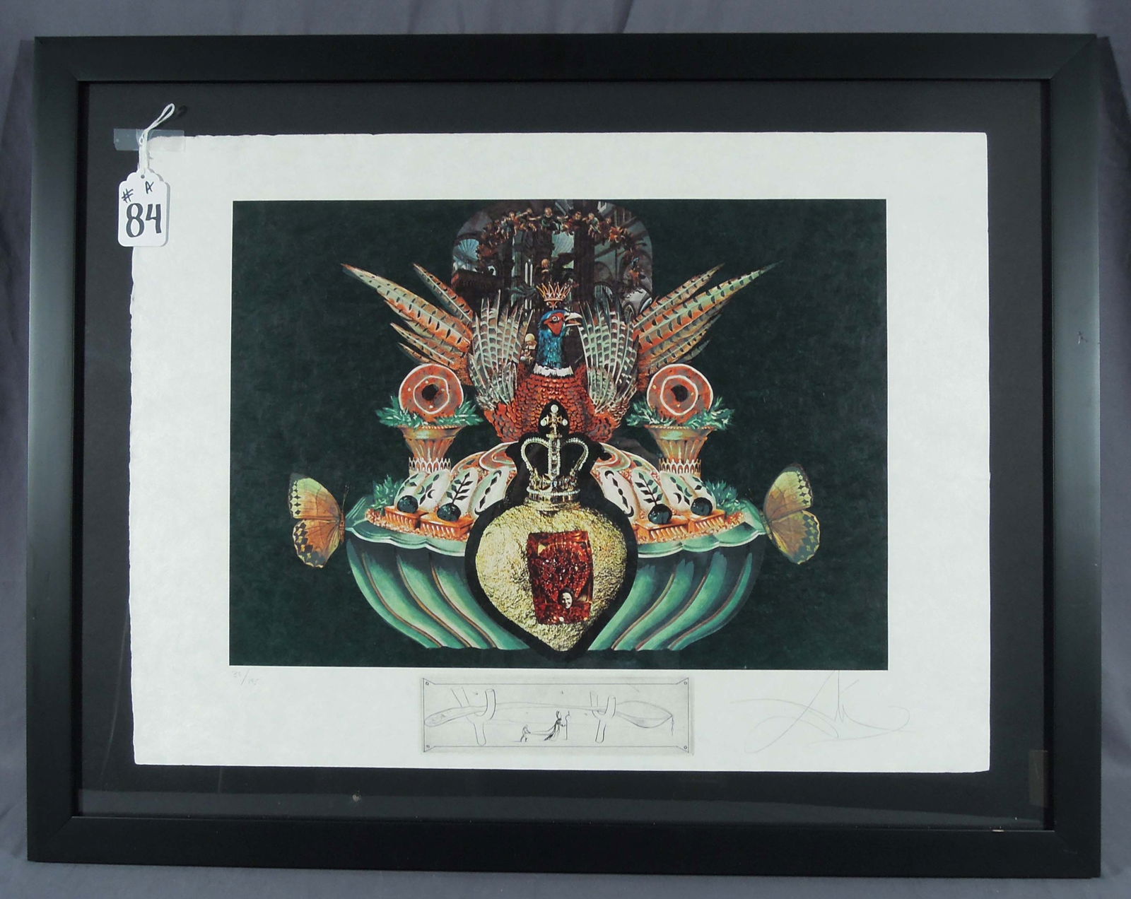 SALVADOR DALI (1904-1989) SPANISH: Very rare photo Lithograph in colors with Drypoint remarque on Japon Nacre "Monarchial Fleshtones". Circa 1977. Limited Edition 39/195. Hand signed and numbered in pencil by Dali. Overall framed