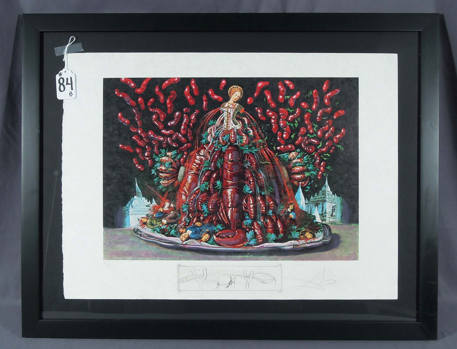 SALVADOR DALI (1904-1989) SPANISH: Very rare photo Lithograph in colors with Drypoint remarque on Japon Nacre "Autumn Cannibalisms". Circa 1977. Limited Edition 39/195. Hand signed and numbered in pencil by Dali. Overall framed 28