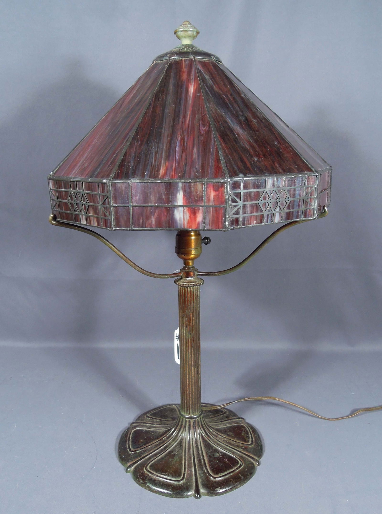 ANTIQUE TABLE LAND - SIGNED BRADLEY & HUBBARD BASE WITH SLAG GLASS SHADE (1 of 4)