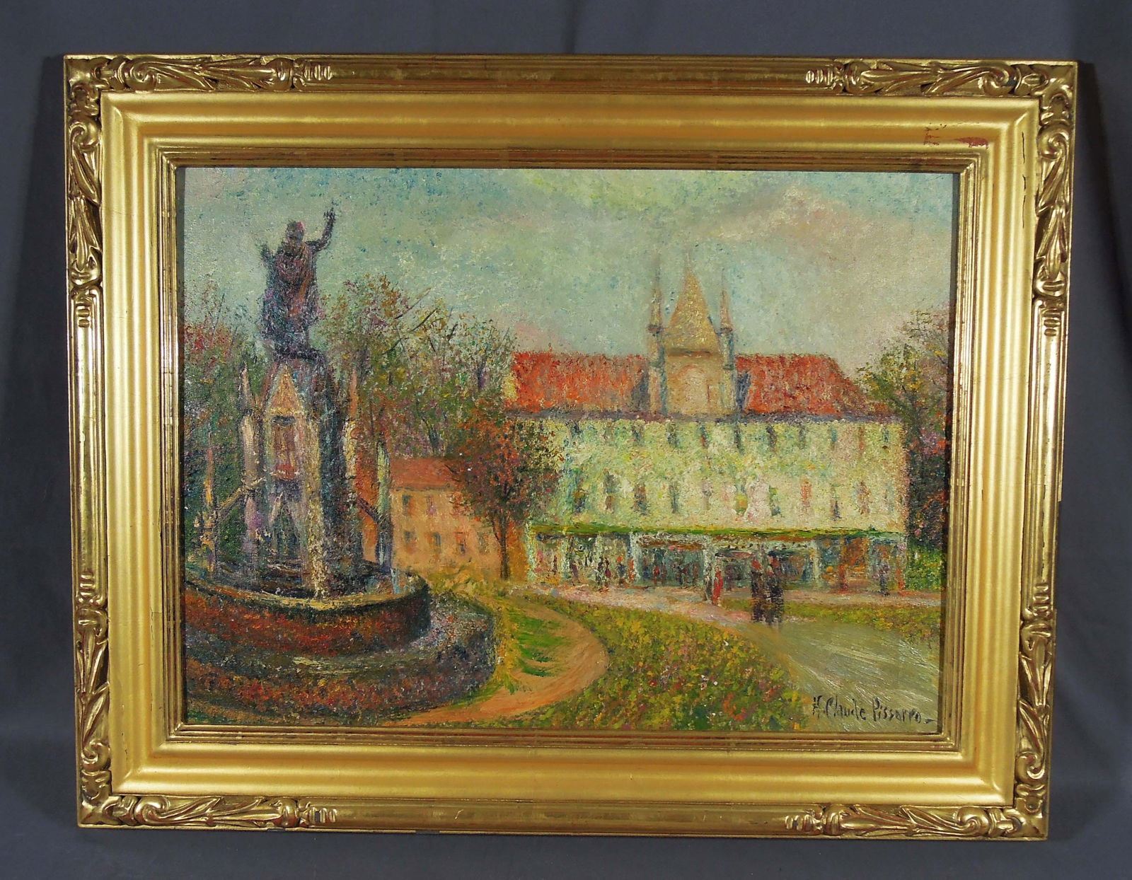 H. CLAUDE PISSARRO (1935- ( FRENCH: Original Oil on Canvas "Town Serenity". Hand signed lower right in oil. Image 17 1/2" x 23 1/2", Overall framed 23 1/2" high, 29 1/2" wide, 1" deep.