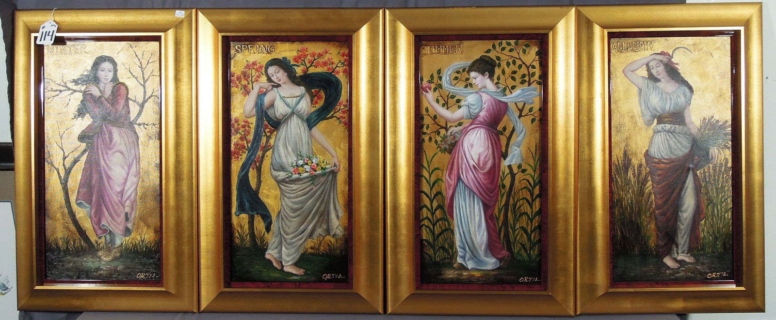 SET OF ORIGINAL OILS ON CANVAS "THE FOUR SEASONS" BY ORTIZ: Original oil paintings "winter, spring, summer & fall" by Peruvian artist Ortiz. Each signed. Each overall framed 30 1/2" x 18 1/2".