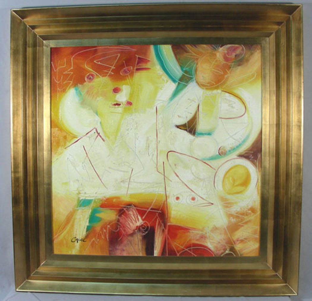 LARGE PICASSO STYLE ORIGINAL OIL ON CANVAS: ABSTRACT: Multi colored. Signed. Overall framed 49" sq.