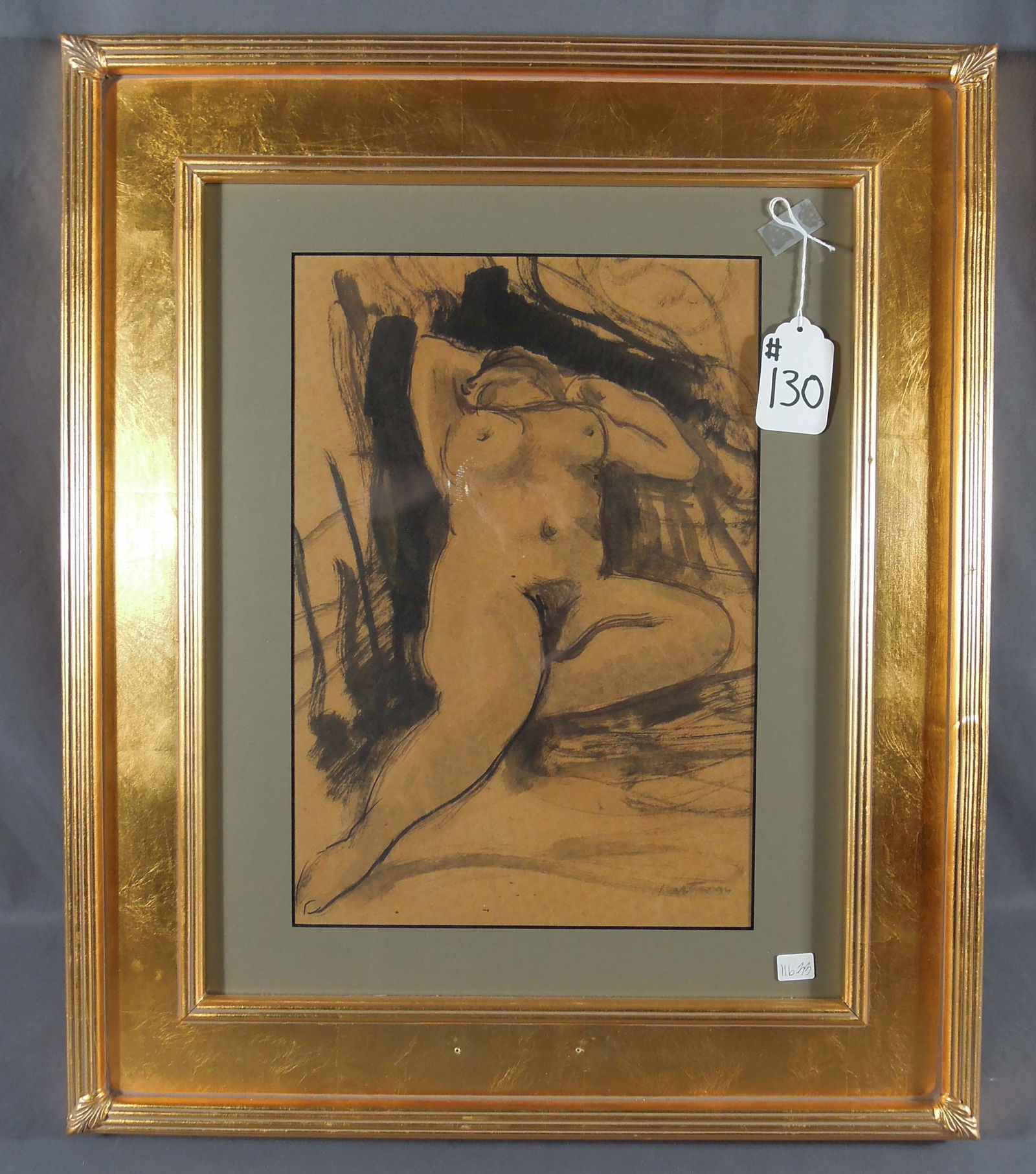 VINTAGE ORIGINAL CHARCOAL & INK DRAWING OF NUDE: Reclining nude with arms behind her. Signed in pencil. Overall framed 25 3/4" x 21 3/4" x 2".