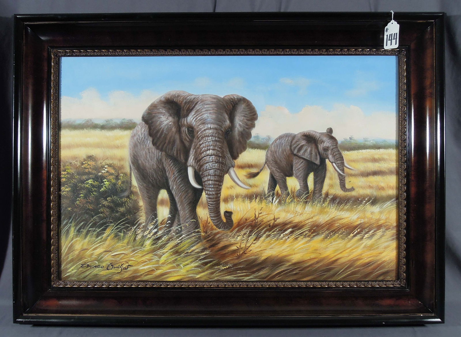 ORIGINAL OIL ON CANVAS "ELEPHANTS": Very fine detail. Two elephants standing in a field. Signed, lower left. Overall framed 32" x 44 1/2" x 2 1/2".