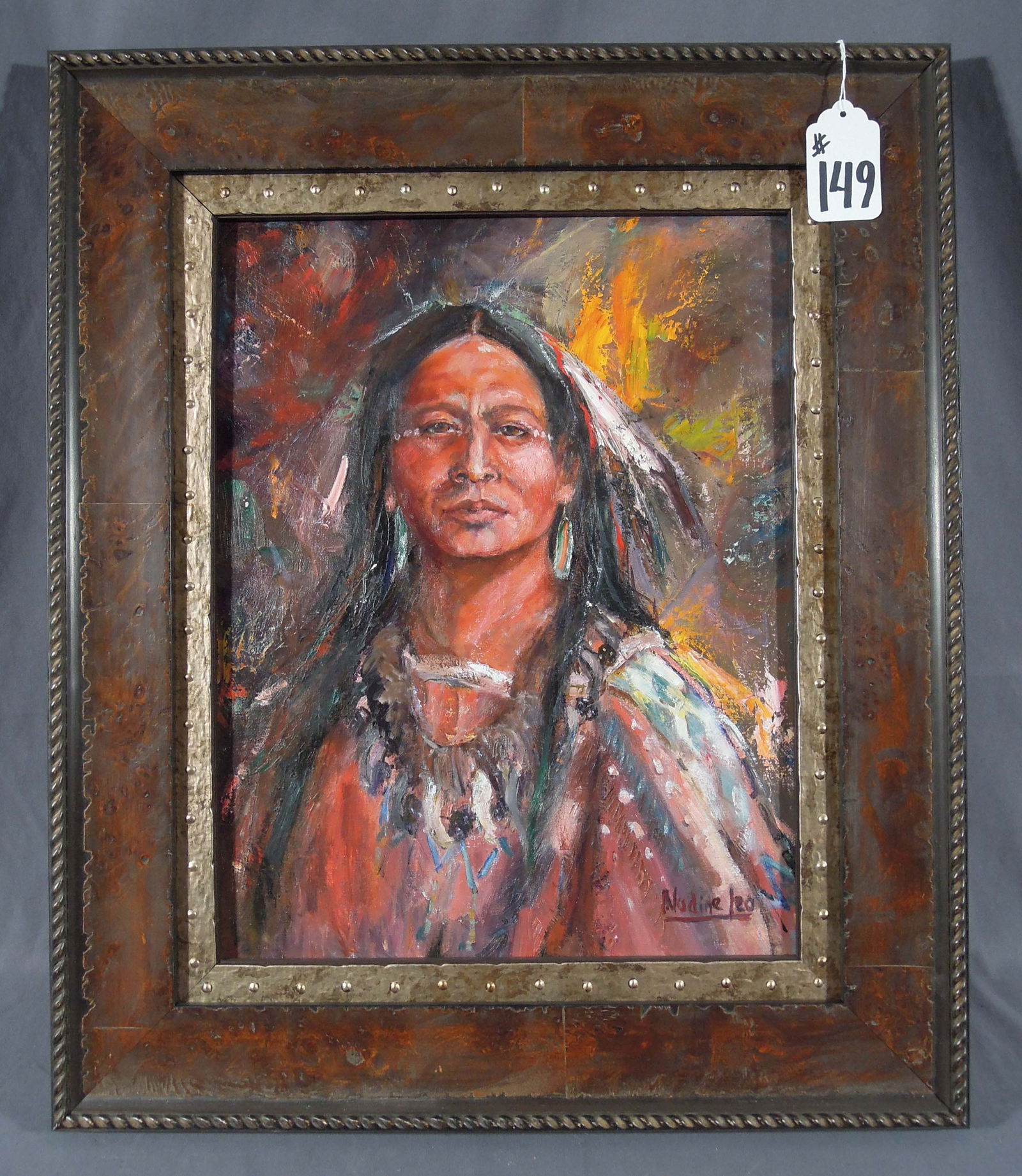 FINE ORIGINAL OIL ON CANVAS "INDIAN": Painted in high relief. Signed Nadine Izo, lower right. Overall framed 25" x 21 1/8" x 1 1/2".