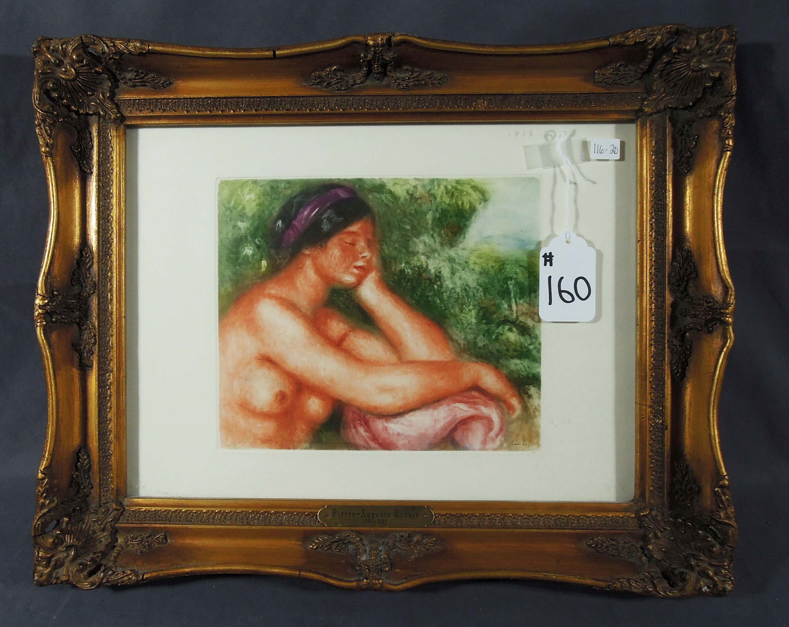 PIERRE AUGUSTE RENOIR (1841-1919) FRENCH: Copper plate Etching "Le Sommeil". Signed in the plate. Published by Ambroise Villard Estate, Paris France. Blind stamp, lower left. Overall framed 16" x 21" x 2 1/8".