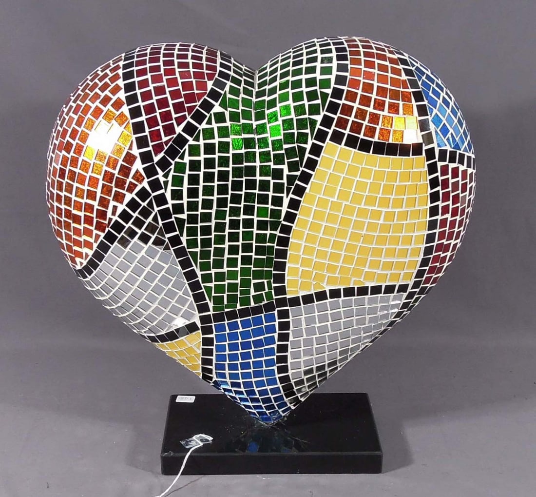 CUSTOM MADE POP ART MOSAIC GLASS HEART SCULPTURE: Mosaic glass heart on black base. Multi colored. 18" high, 17" wide.