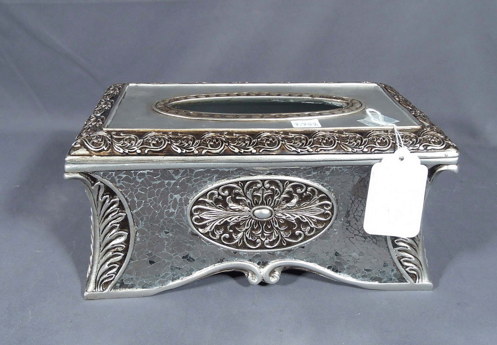 HAND PAINTED RESIN AND MOSAIC GLASS TISSUE BOX: Very ornate. 5 1/2" high, 11 3/4" wide, 6 1/2" deep.