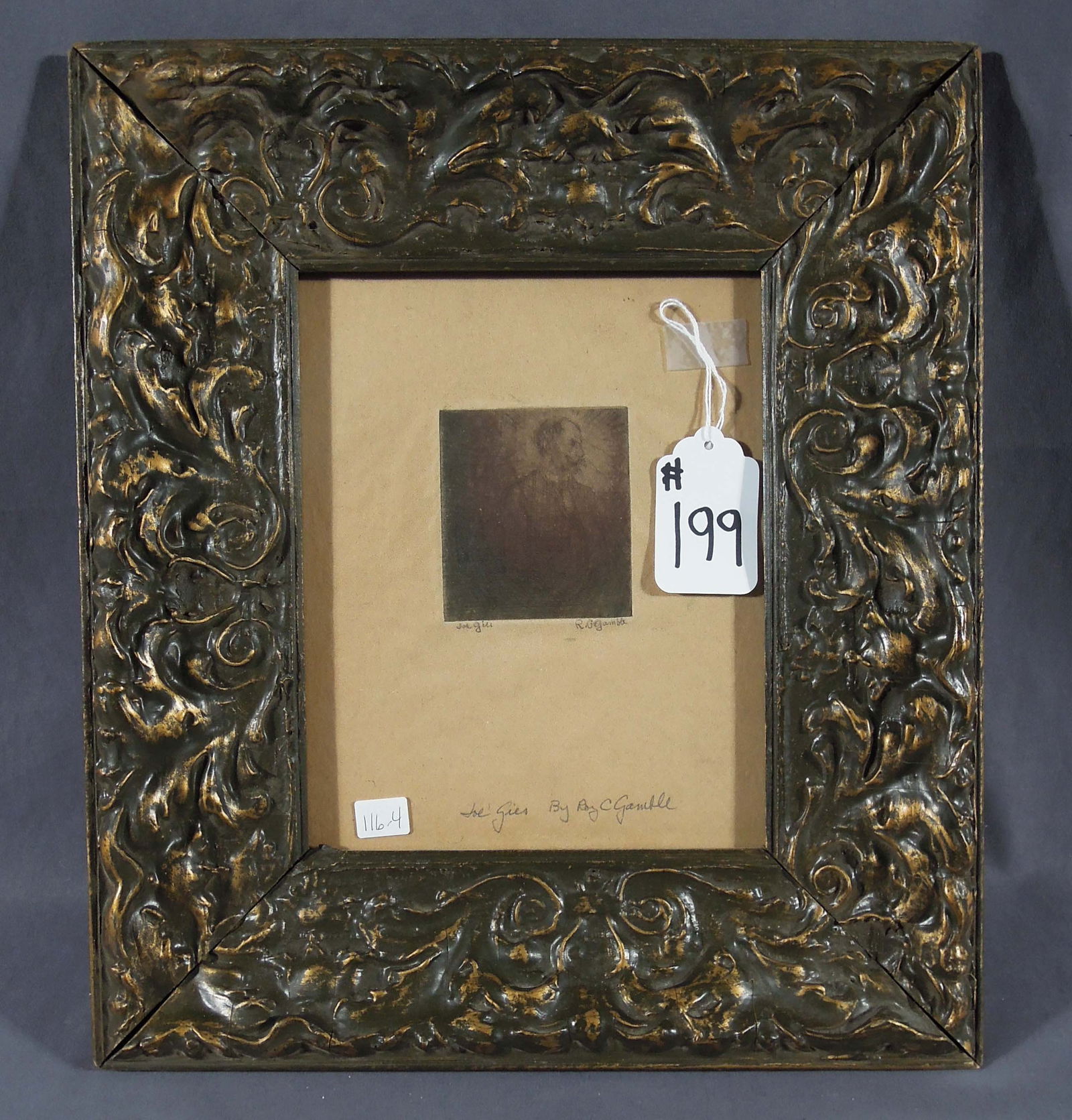 ROY GAMBLE (1887-1972) DETROIT, MICHIGAN: Original Etching of Gamble's friend Joe Gies. Hand signed & titled by Gamble. Beautiful antique frame. Overall 16" x 14" x 1 1/2".