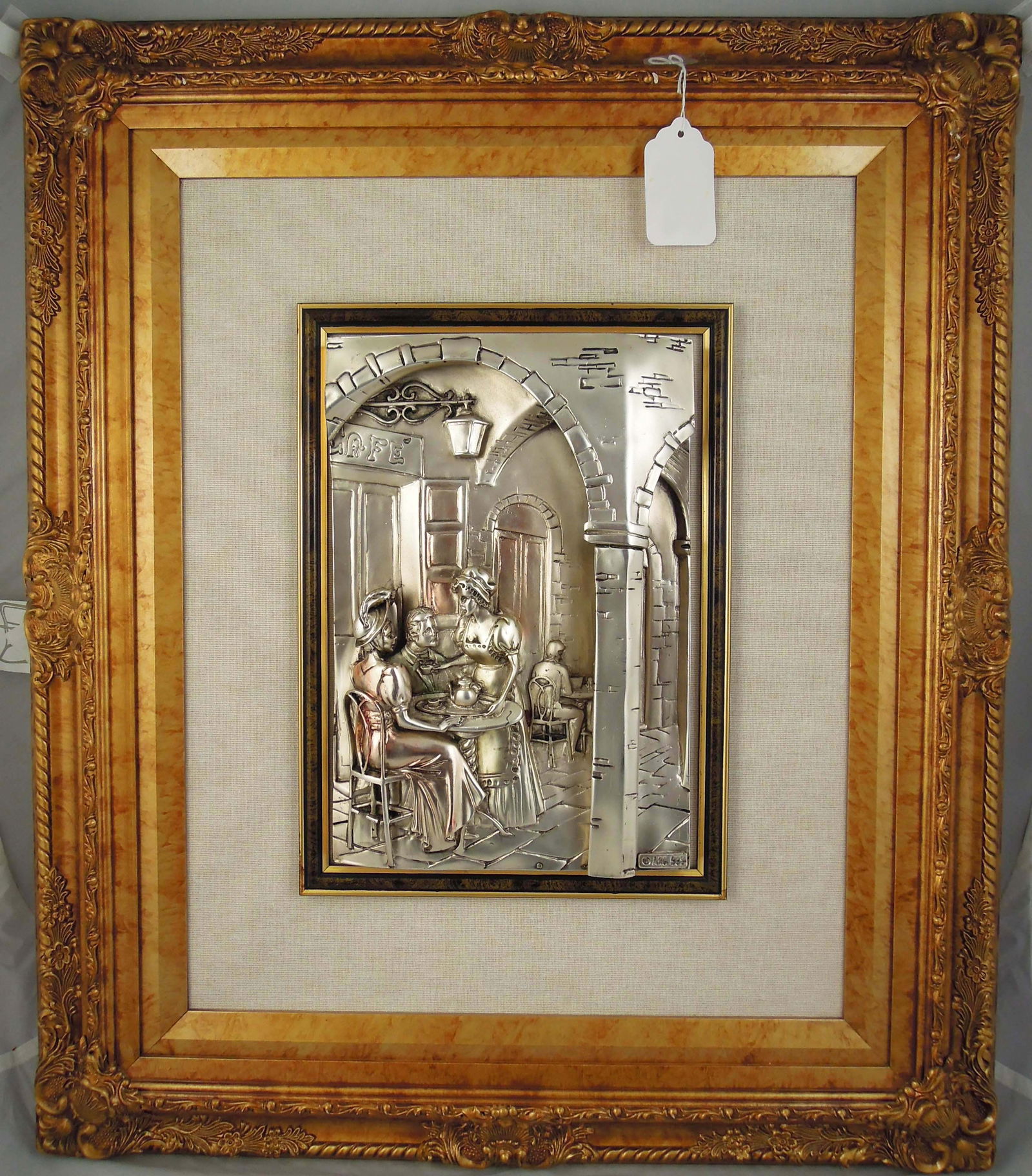 LARGE ITALIAN FRAMED STERLING SILVER OVERLAY WALL PLAQUE "OLD WORLD INTERIOR SCENE": Ornate frame. Signed & marked 925. Overall 28" x 23 1/2".