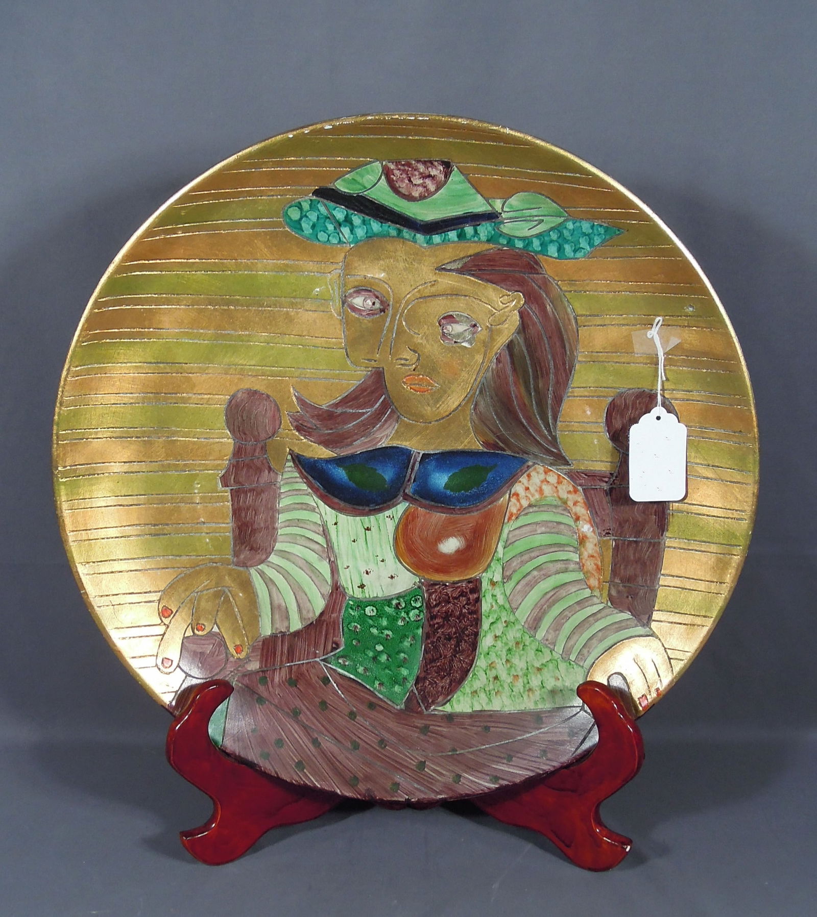 PICASSO STYLE HAND PAINTED CHARGER ON STAND: On stand - 22" high, 20 1/4" wide, 2 1/2" deep.
