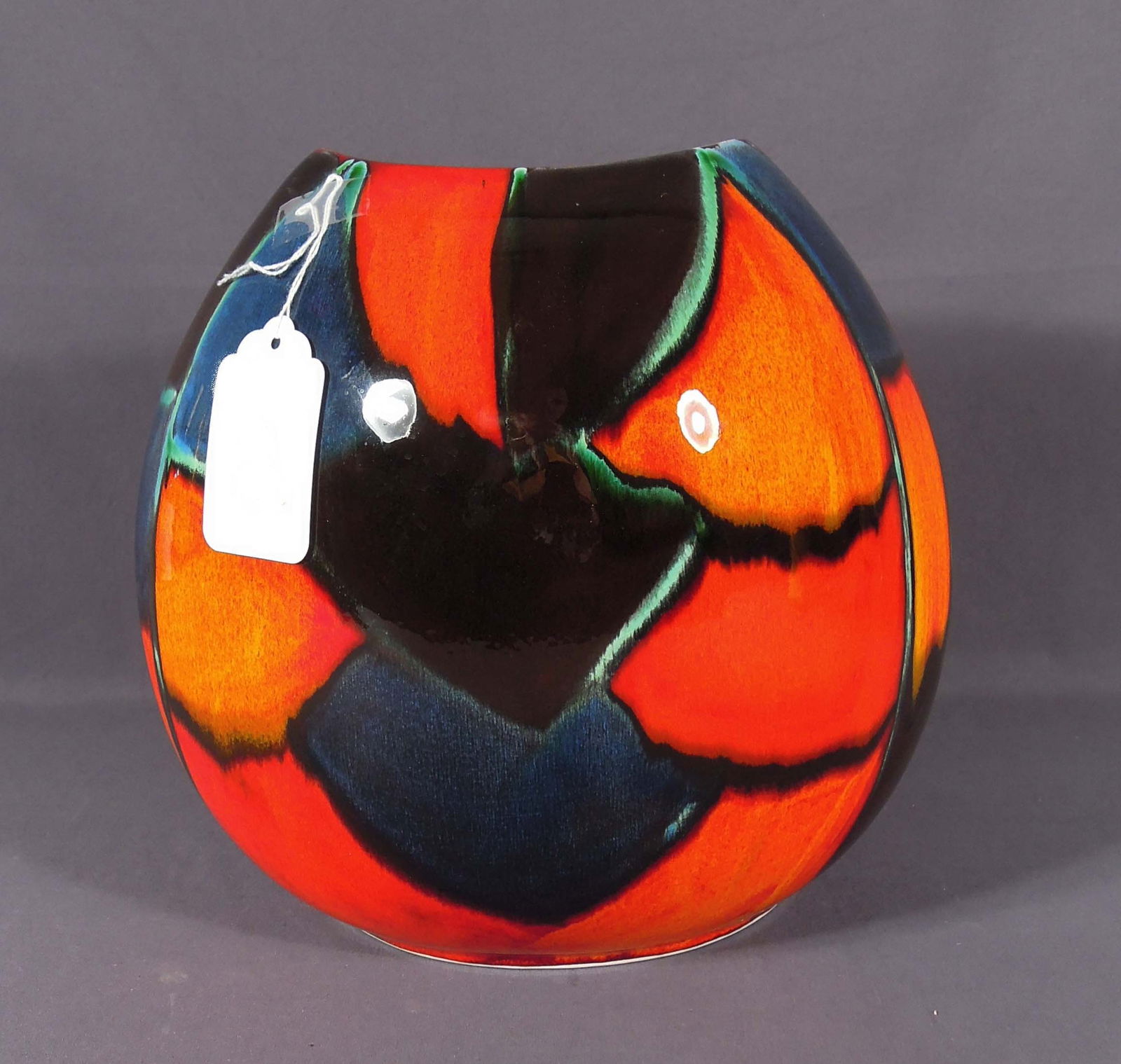 VINTAGE POOLE POTTERY MID-CENTURY MODERN MOSAIC PURSE VASE: Excellent condition. Signed on base. 10" high, 10 1/2" wide, 4 1/2" deep.